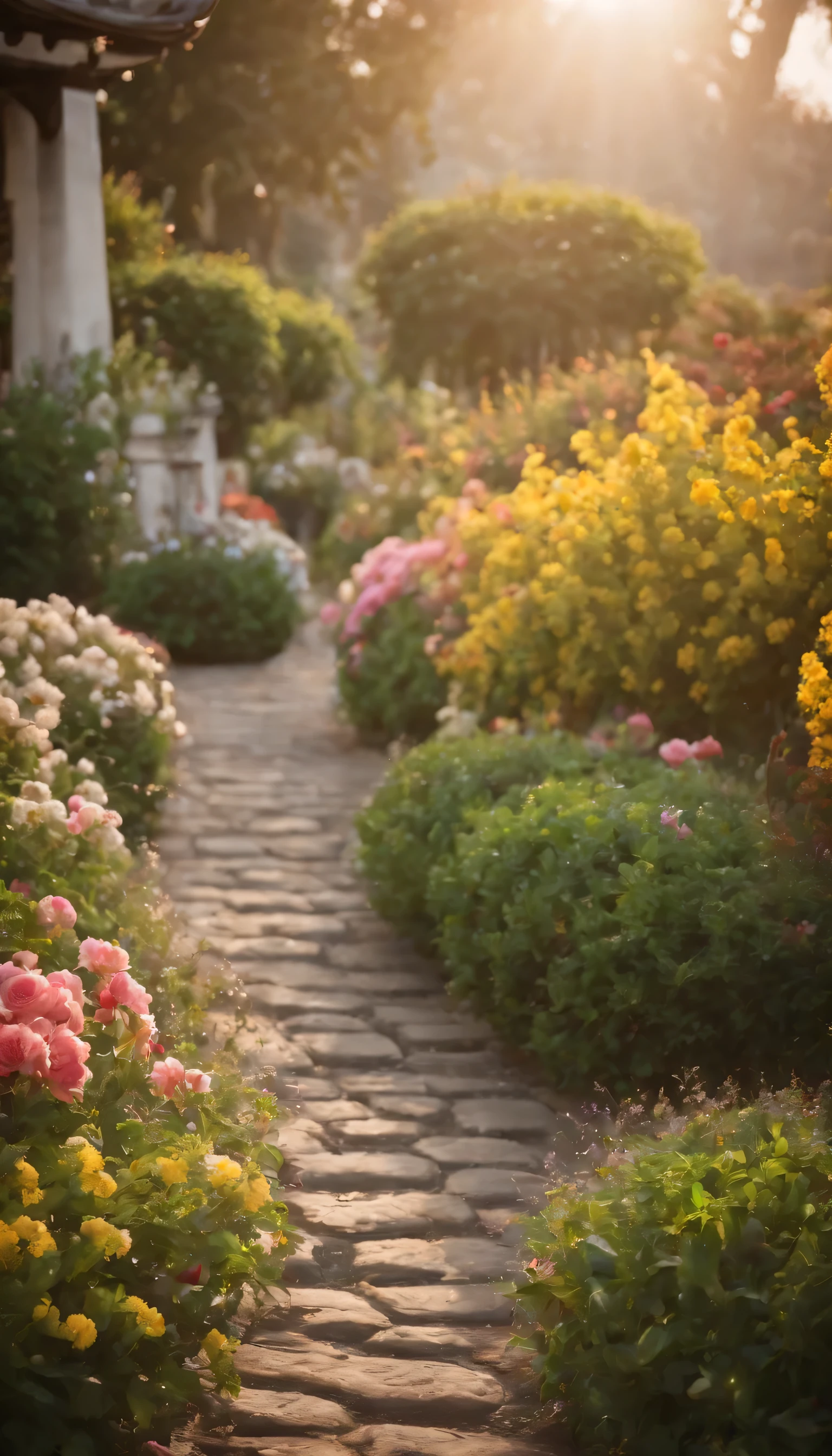 (Highly detailed CG Unity 8K wallpaper、masterpiece、highest quality、Super detailed)、(best lighting、best shadow、very delicate and beautiful)highest quality、8K、Detailed facial depiction、masterpiece、highest quality、clear image quality、Flowers blooming on the cobblestone road々Photo of