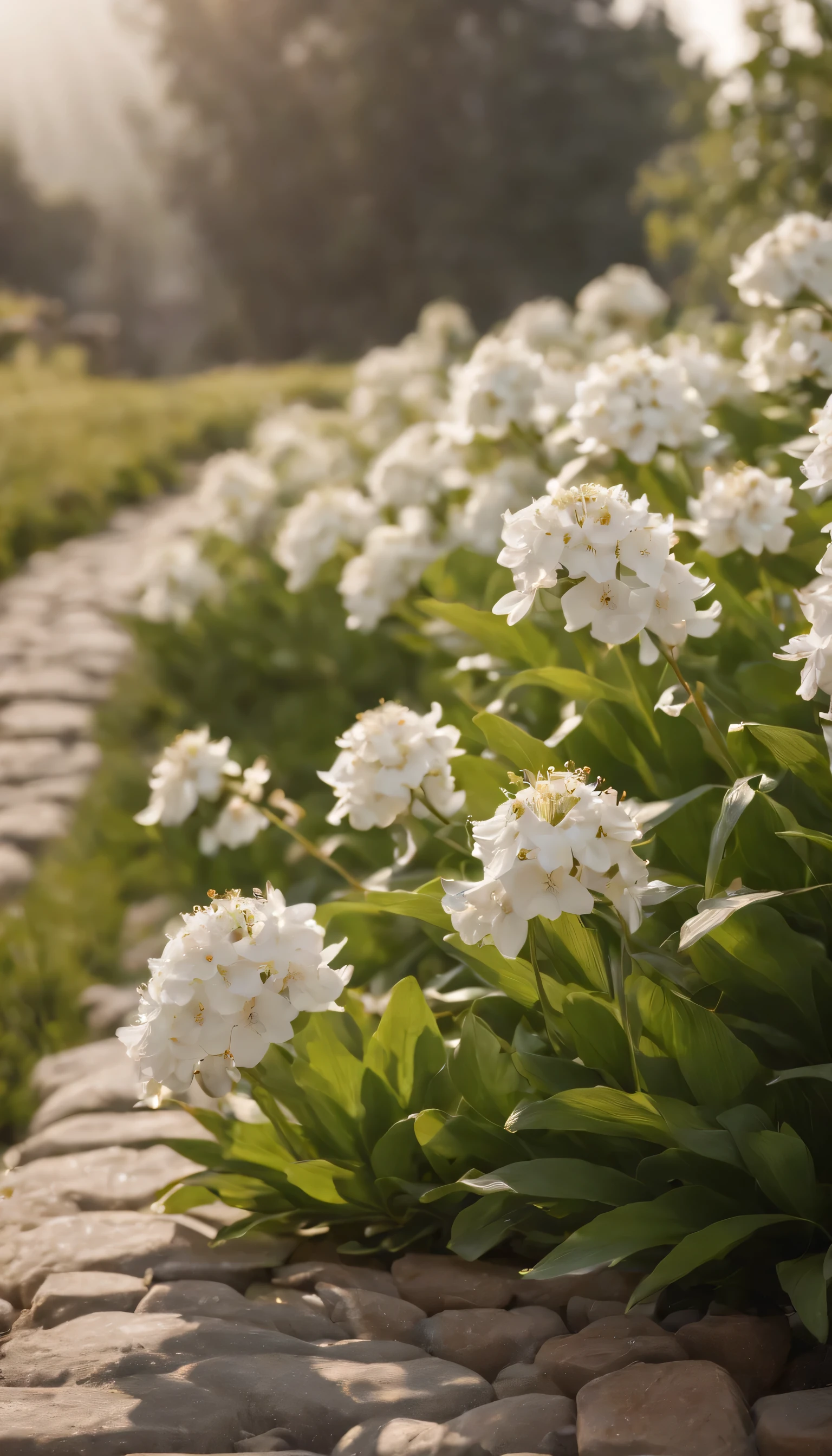 (Highly detailed CG Unity 8K wallpaper、masterpiece、highest quality、Super detailed)、(best lighting、best shadow、very delicate and beautiful)highest quality、8K、Detailed facial depiction、masterpiece、highest quality、clear image quality、Flowers blooming on the cobblestone road々Photo of