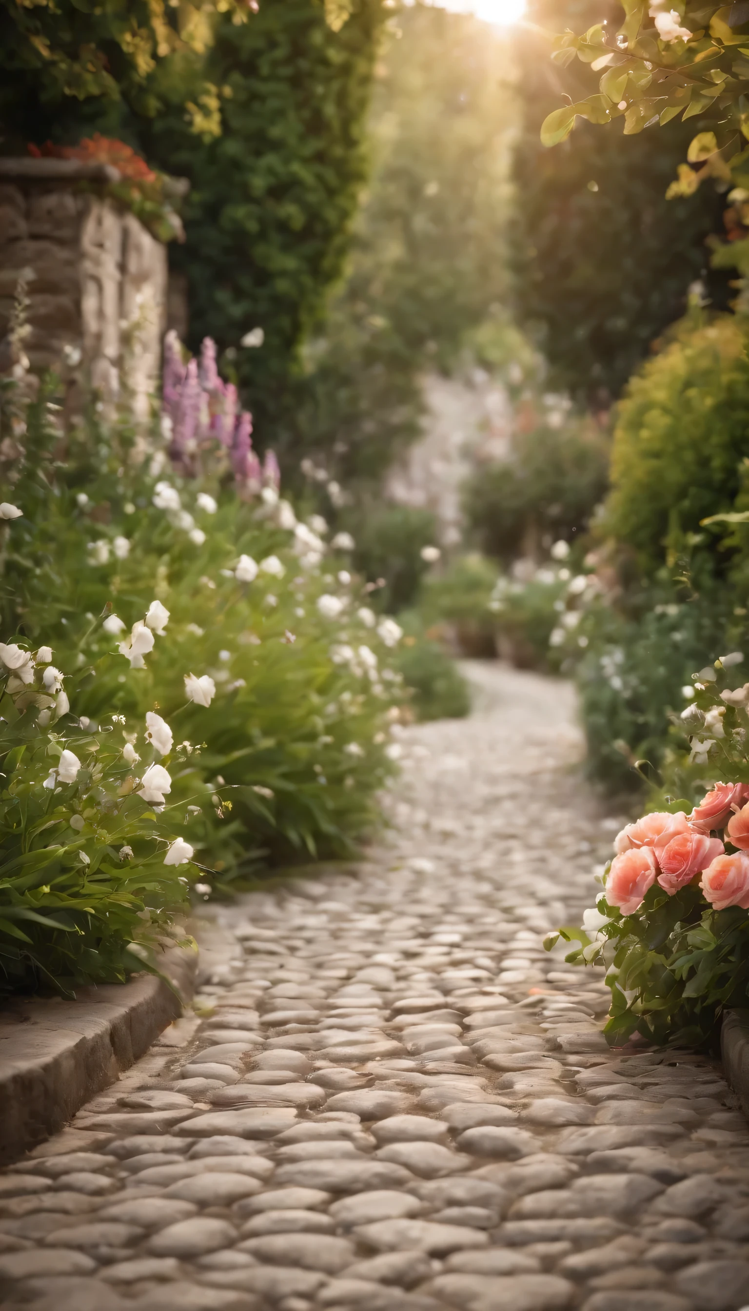 (Highly detailed CG Unity 8K wallpaper、masterpiece、highest quality、Super detailed)、(best lighting、best shadow、very delicate and beautiful)highest quality、8K、Detailed facial depiction、masterpiece、highest quality、clear image quality、Flowers blooming on the cobblestone road々Photo of