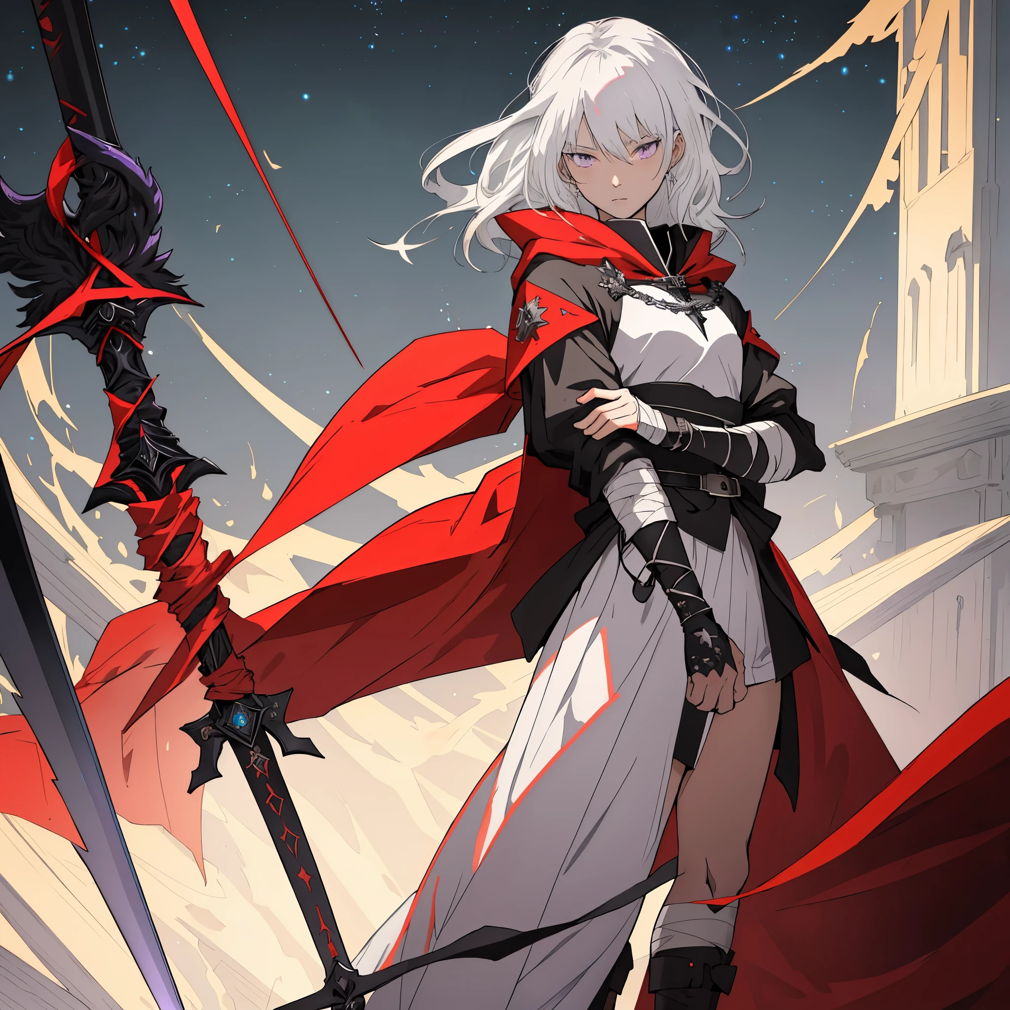 Anime artstyle, holding a black sword, wearing a stylish dark cloak, wrapped in bandages, no face, white hair, mysterious, full body, full stars black purple background, medieval, celestia, wallpaper, HD quality, extremely detailed, highest quality digital art