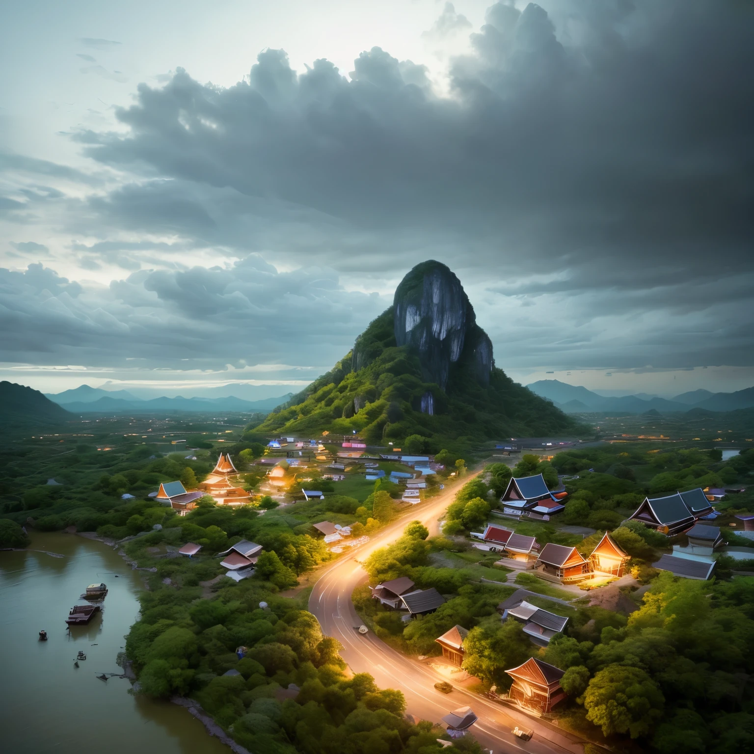 (Tilt-Shift:1.4), Villagers Village in thailand (extremely colorful, Best quality, high detailed, Masterpiece, Cinematic Lighting, 4K, Chiaroscuro)