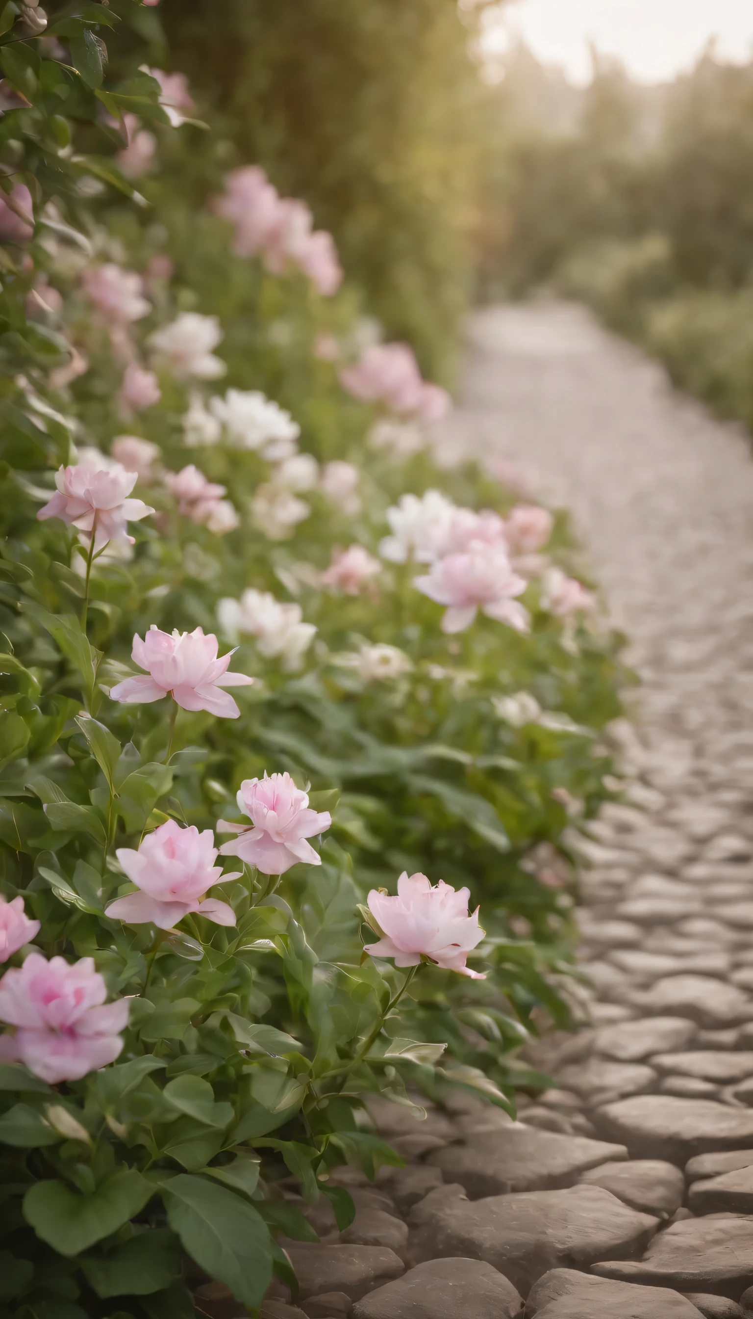 (Highly detailed CG Unity 8K wallpaper、masterpiece、highest quality、Super detailed)、(best lighting、best shadow、very delicate and beautiful)highest quality、8K、Detailed facial depiction、masterpiece、highest quality、clear image quality、Flowers blooming on the cobblestone road々Photo of