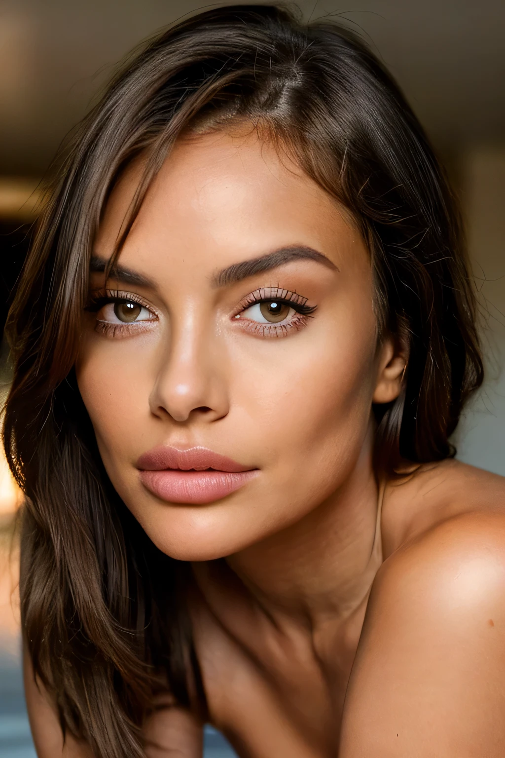  full nude photo of beautiful brunette woman, (26 years old, sedutive look), (full bod) she has big pouty lips with lip filler, defined cheekbones and is wearing some blush. she has smouldering sexy eyes and is wearing eye makeup. Golden hour lighting, She has a toned and physique. Her skin is tanned and smooth with lots of detail. She has perky breast impants. She has beautiful small perky nipples. she is 5'2 tall. closed mouth with pouty lips, masterpiece, beste-Qualit, Ultra-detailed, (Look at the viewer: 1.2) (skin texture) (film grains: 1.3), (warm hue, warm tone: 1.2), cinematiclight, sidelighting, extra high resolution. She is standing at the kitchen bench bent over wearing a red g-string. Her eyes are gazed at the viewer