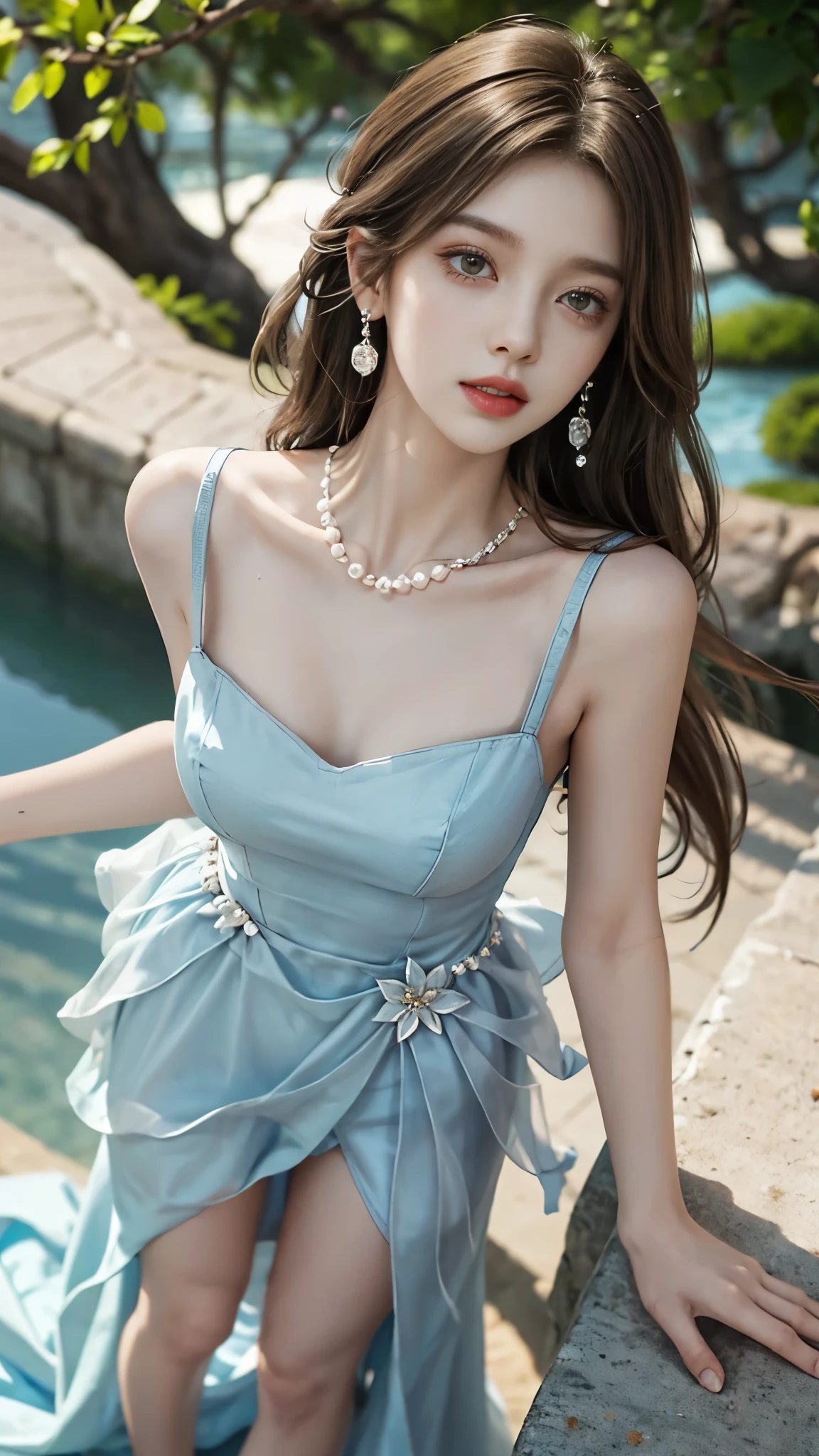 Sweet girl clothes2,pearl necklace,blue dress,flower,  ((full body)), ((from below)), yushuxin,1girl,solo, ((Stand up, against the ledge)), ((leaning forward)), ((Clear features, clear faces, clear faces)), red lips, makeup, close-up shot, elegant posture, enticing pose, perfect curves, slim, sexy, big breasts, cleavage, beautiful legs, mesmerizing gaze, biting lips, messy long hair, simple casual scene, extremely detailed, ultra-clear, best quality, official art, exquisite earrings, delicate necklace, extremely detailed description, super fine painting, exquisite features, Elegant, beautiful, hyperfine details, master works, authentic texture, cinematic lighting realism, Masterpiece, best quality