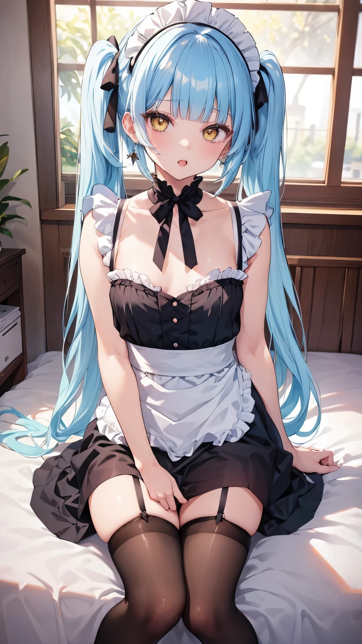 (8K、best image quality、highest quality、masterpiece)、detailed face、light blue hair、twintails、hime cut、blunt bangs、yellow eyes、evil small、earrings、open mouth、0pen、Tongue out、small breasts、((maid))、camisole、miniskirt、black pantyhose、on the bed、sitting、whole body、Taken from above、((nsfw))