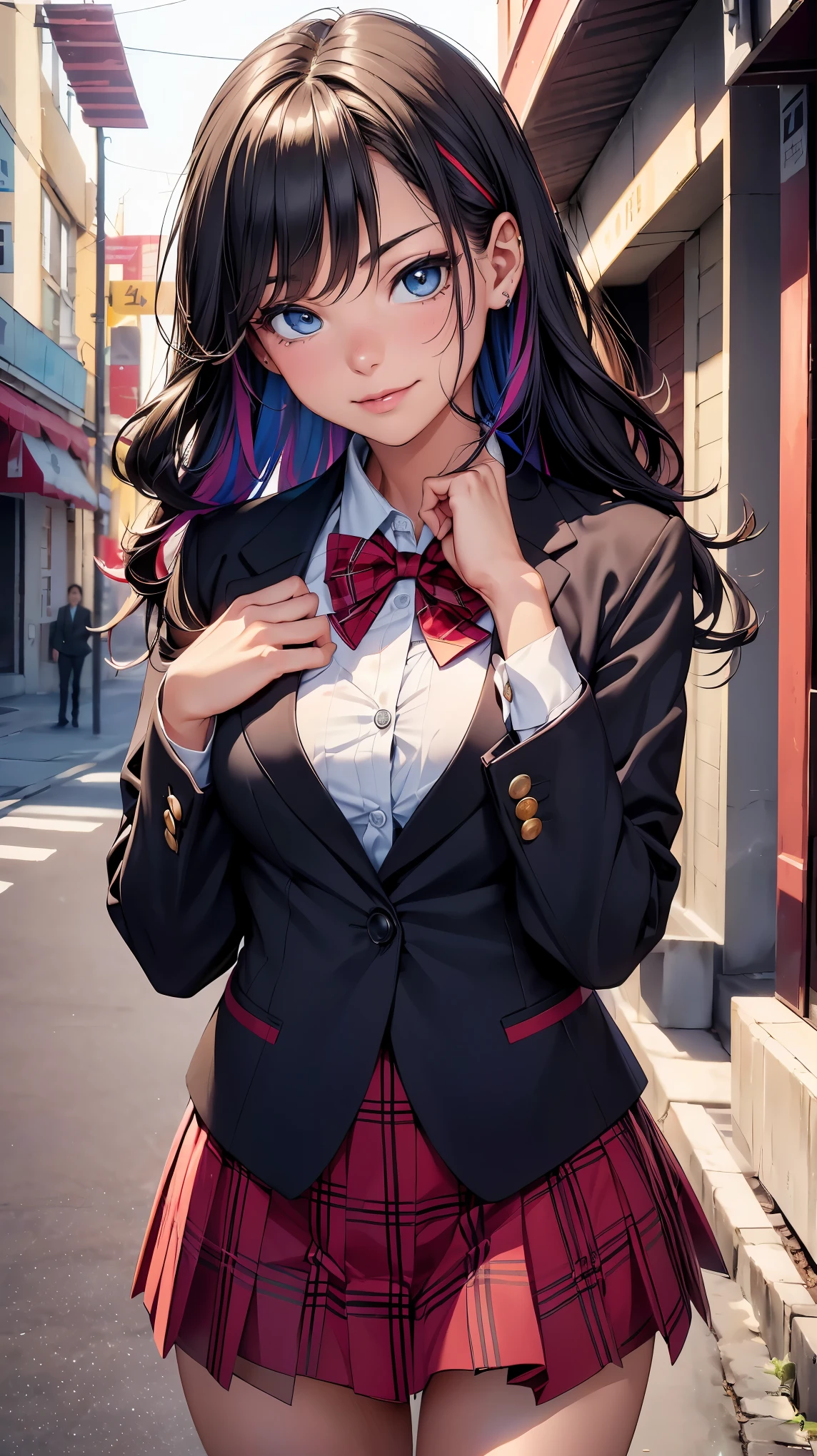 (8K, RAW photo, 最high quality, masterpiece: 1.2), High-definition RAW color photo, Professional photo shoot, cinematic light, alone, (((young woman, gal))), (Sharp features), (small face), (high detail skin: 1.2), clavicle, cute face, beautiful appearance, Clean eyelashes, (rainbow hair, blue eyes), (beautiful breasts:1.5), (camel toe details), spread your legs, I lean back with pleasure, pussyが気持ち良い, ((very detailed女性器, pussy)), (slim body shape:1.4), very detailed顔と肌の質感, detailed eyes, look sideways, ((wavy hair)), thin body, ((open your mouth and smile:1.2, upward glance)), big breasts, normal hip joint, cowboy shot, dynamic angle, (((red bow tie, high school uniform:1.2, black jacket, open jacket, buttons on jacket cuffs, white shirt, Plaid skirt, seductive thighs))), at school, smooth texture, staring eyes, beautiful skin, shiny skin, perfect fingers, five fingers, anatomically correct, background bokeh, high quality, surreal, bright colors, ((very detailed, photo shoot)),