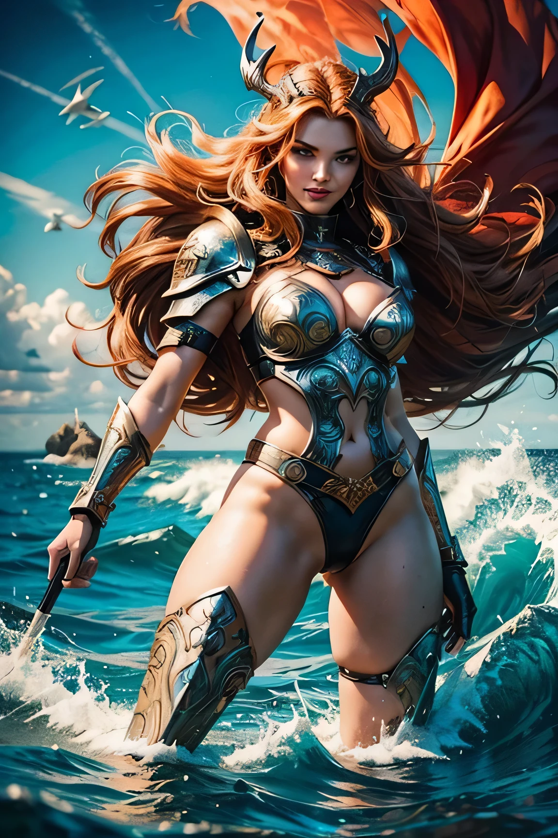 A retro-style pop art image of a sexy viking woman, with exaggerated features and bold colors. She wears armor adorned with elaborate patterns, a fiery mane flowing in the wind, and a confident, mischievous grin. The background showcases a chaotic, comic book-inspired seascape with tumultuous waves and swirling clouds. The overall aesthetic is playful, energetic, and full of vivid contrasts. --ar 16:9 --v 5.1