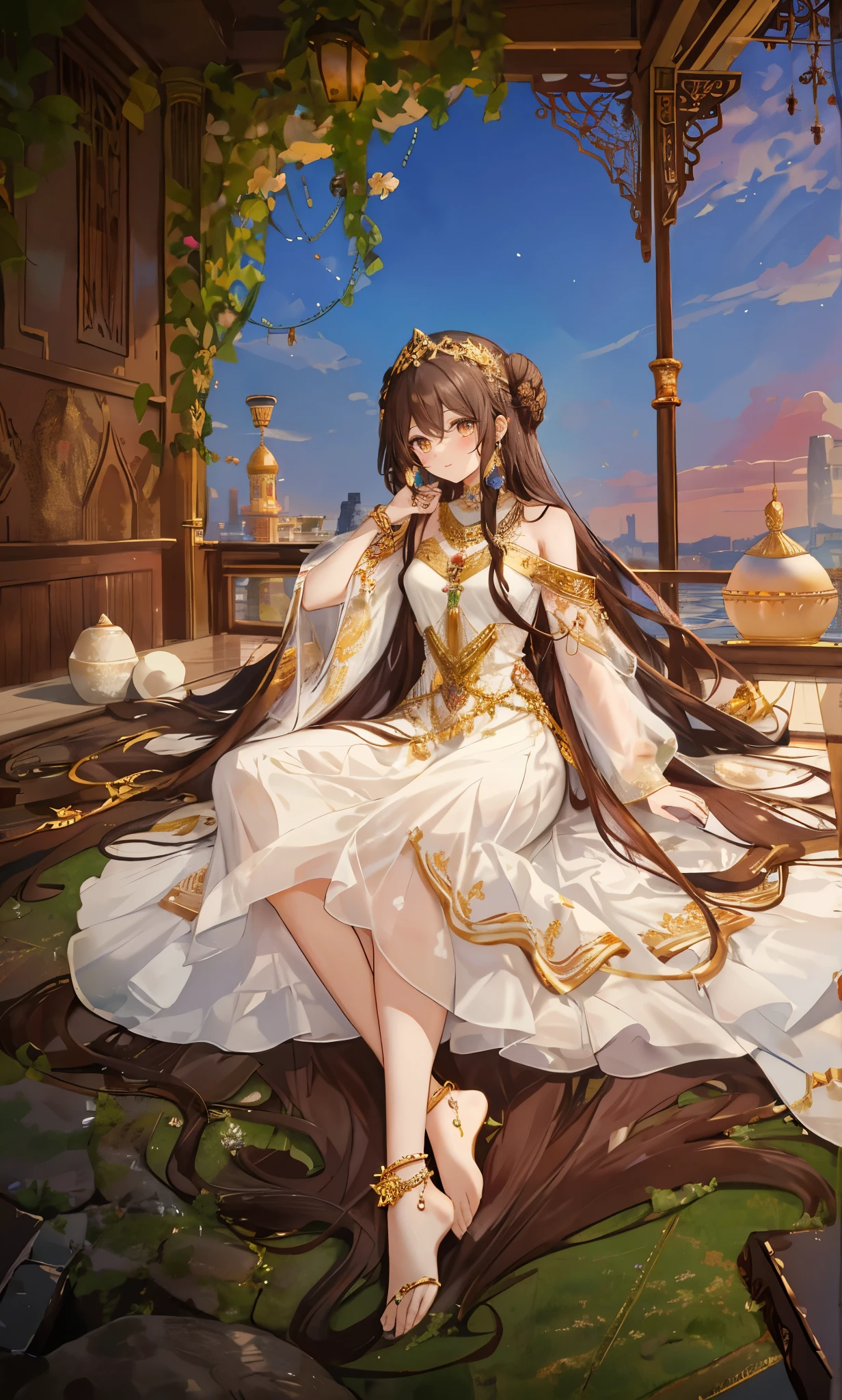 Long chocolate-colored hair,close up,dream world,Baby Lord,long chocolate hair,Messy hair,golden eyes,civilization,sky garden background,grace,Bun and tiara,A wide range of jewelry,(Precious Middle Eastern style long dress),necklace,Her skin is very white, fair complexion,(White long dress,Exotic),barefoot,Gemstone anklets