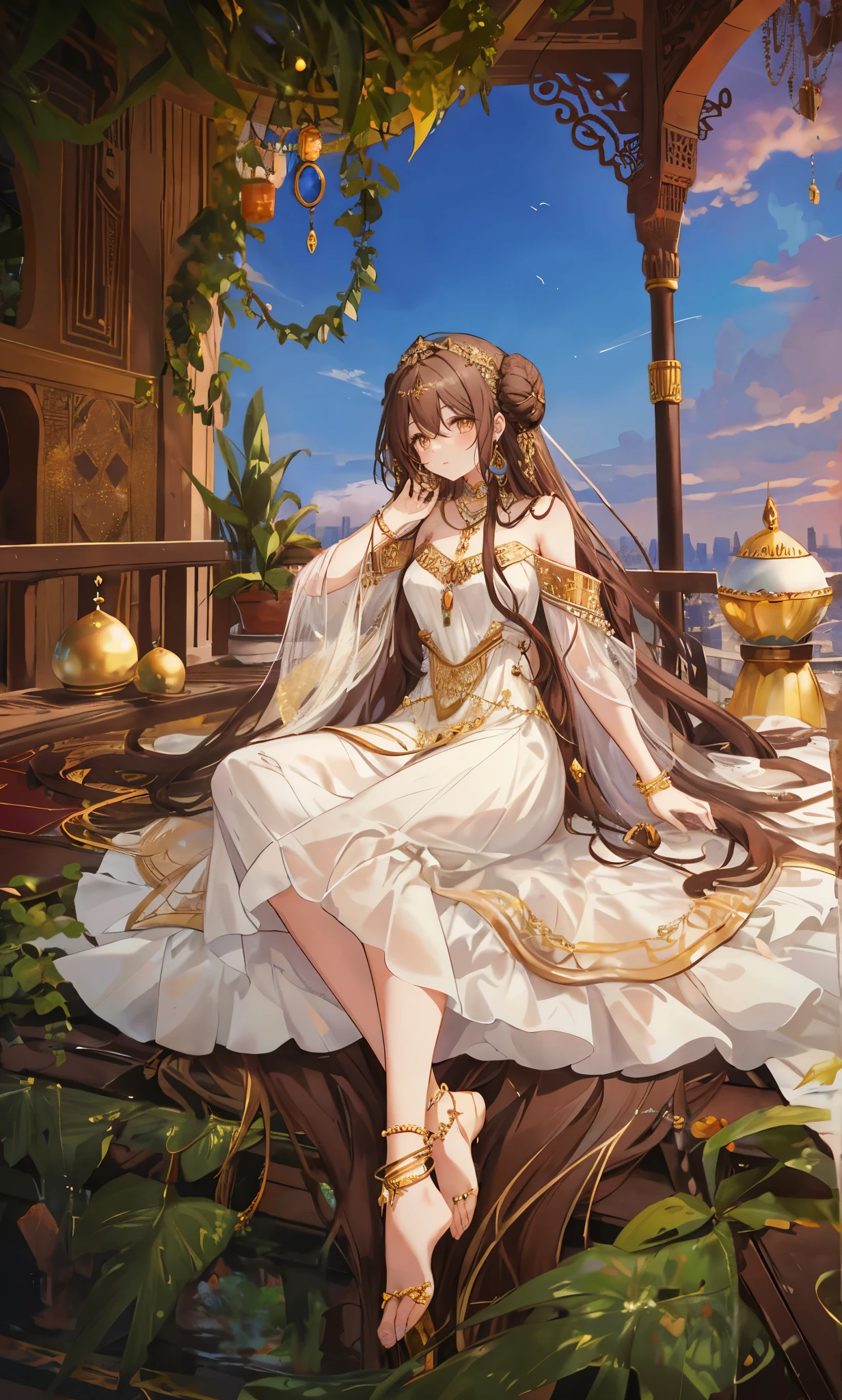 Long chocolate-colored hair,close up,dream world,Baby Lord,long chocolate hair,Messy hair,golden eyes,civilization,sky garden background,grace,Bun and tiara,A wide range of jewelry,(Precious Middle Eastern style long dress),necklace,Her skin is very white, fair complexion,(White long dress,Exotic),barefoot,Gemstone anklets
