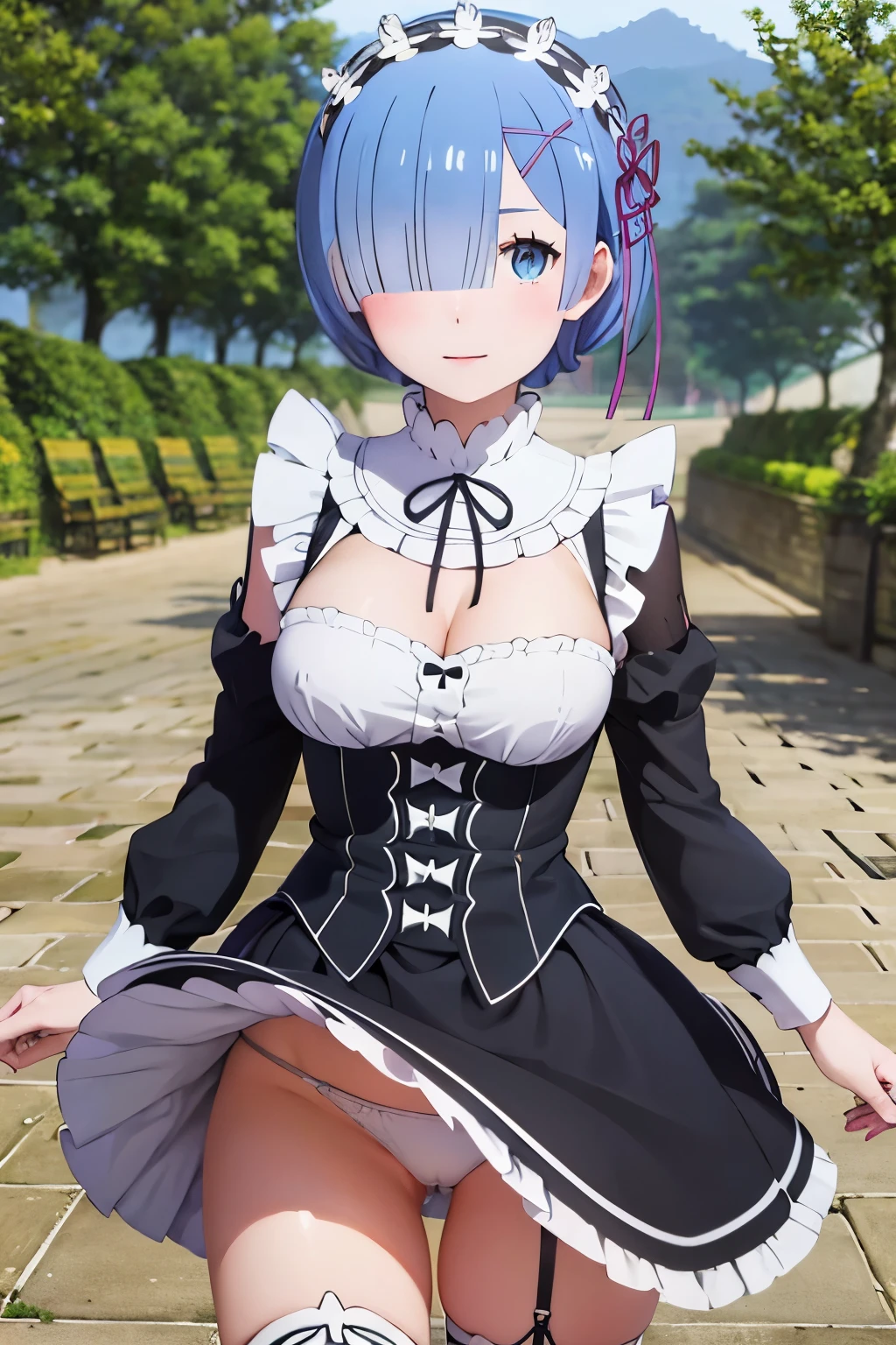 Meisterwerk, (realistisch), high-res, hochdetailliert, kompliziert, Beautiful women, rote Haare, blaue Augen, Sommersprossen, detailliertes Gesicht, maid outfit, looking at viewer, showing panties, smile, roped, tied up, bondage, in cafe, flipped skirt, white panties, Rem, big tits, big décolleté, liftet skirt, upskirt view