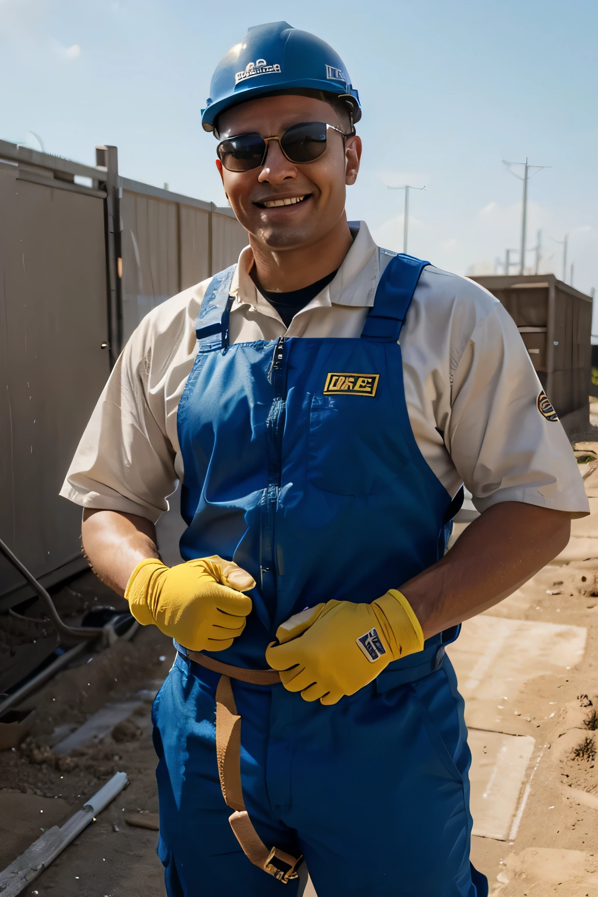 High-definition photo of a mason working in civil construction, happy, with safety gear, using a cellphone, in a work field, 4k