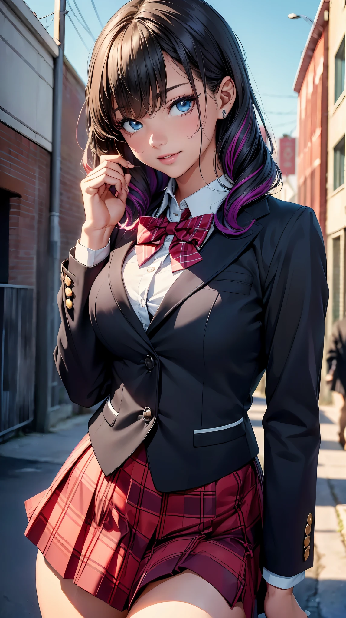 (8K, RAW photo, 最high quality, masterpiece: 1.2), High-definition RAW color photo, Professional photo shoot, cinematic light, alone, (((young woman, gal))), (Sharp features), (small face), (high detail skin: 1.2), clavicle, cute face, beautiful appearance, Clean eyelashes, (rainbow hair, blue eyes), (beautiful breasts:1.5), (camel toe details), spread your legs, I lean back with pleasure, pussyが気持ち良い, ((very detailed女性器, pussy)), (slim body shape:1.4), very detailed顔と肌の質感, detailed eyes, look sideways, ((wavy hair)), thin body, ((open your mouth and smile:1.2, upward glance)), big breasts, normal hip joint, cowboy shot, dynamic angle, (((red bow tie, high school uniform:1.2, black jacket, open jacket, buttons on jacket cuffs, white shirt, Plaid skirt, seductive thighs))), at school, smooth texture, staring eyes, beautiful skin, shiny skin, perfect fingers, five fingers, anatomically correct, background bokeh, high quality, surreal, bright colors, ((very detailed, photo shoot)),