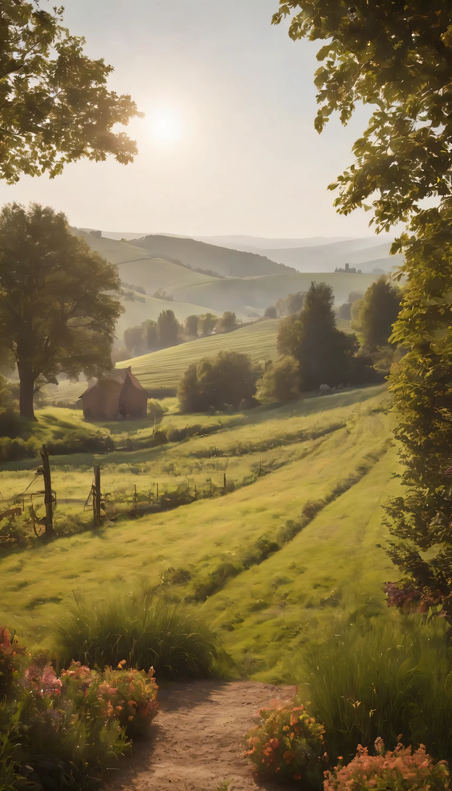 (Highly detailed CG Unity 8K wallpaper、masterpiece、highest quality、Super detailed)、(best lighting、best shadow、very delicate and beautiful)highest quality、8K、Detailed facial depiction、masterpiece、highest quality、clear image quality、A photo of a vast field seen from the balcony