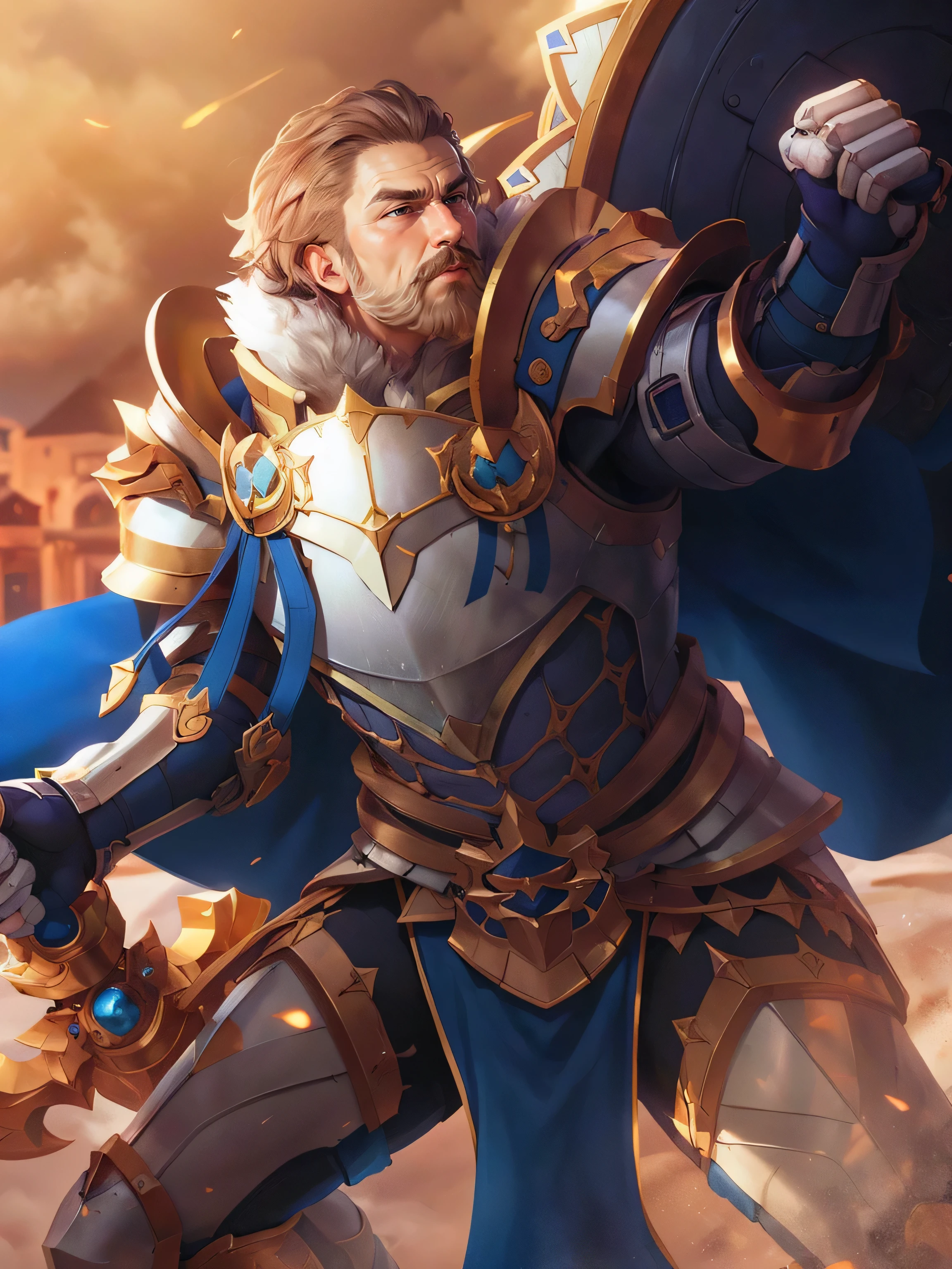 there is a man in a blue and gold outfit holding a shield, male paladin, a human male paladin, fantasy paladin, holy paladin, arsen lupin as a paladin, gold paladin, paladin, paladin!, epic paladin armor, blizzard warcraft artwork, paladin golden armor, warcraft character, paladin armor