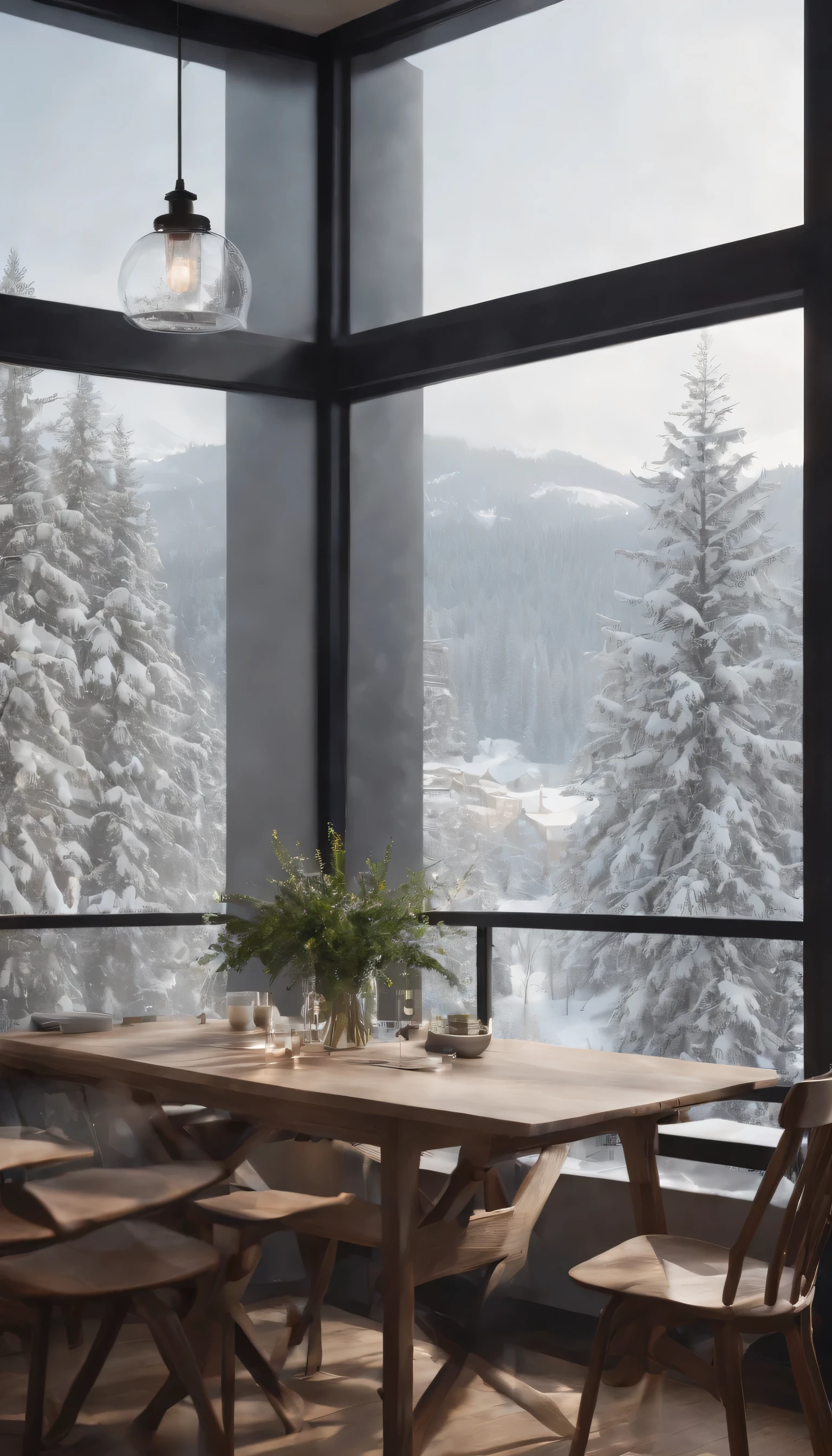 (Highly detailed CG Unity 8K wallpaper、masterpiece、highest quality、Super detailed)、(best lighting、best shadow、very delicate and beautiful)、highest quality、8K、Detailed facial depiction、masterpiece、highest quality、clear image quality、Photo of snowy scenery seen from the window
