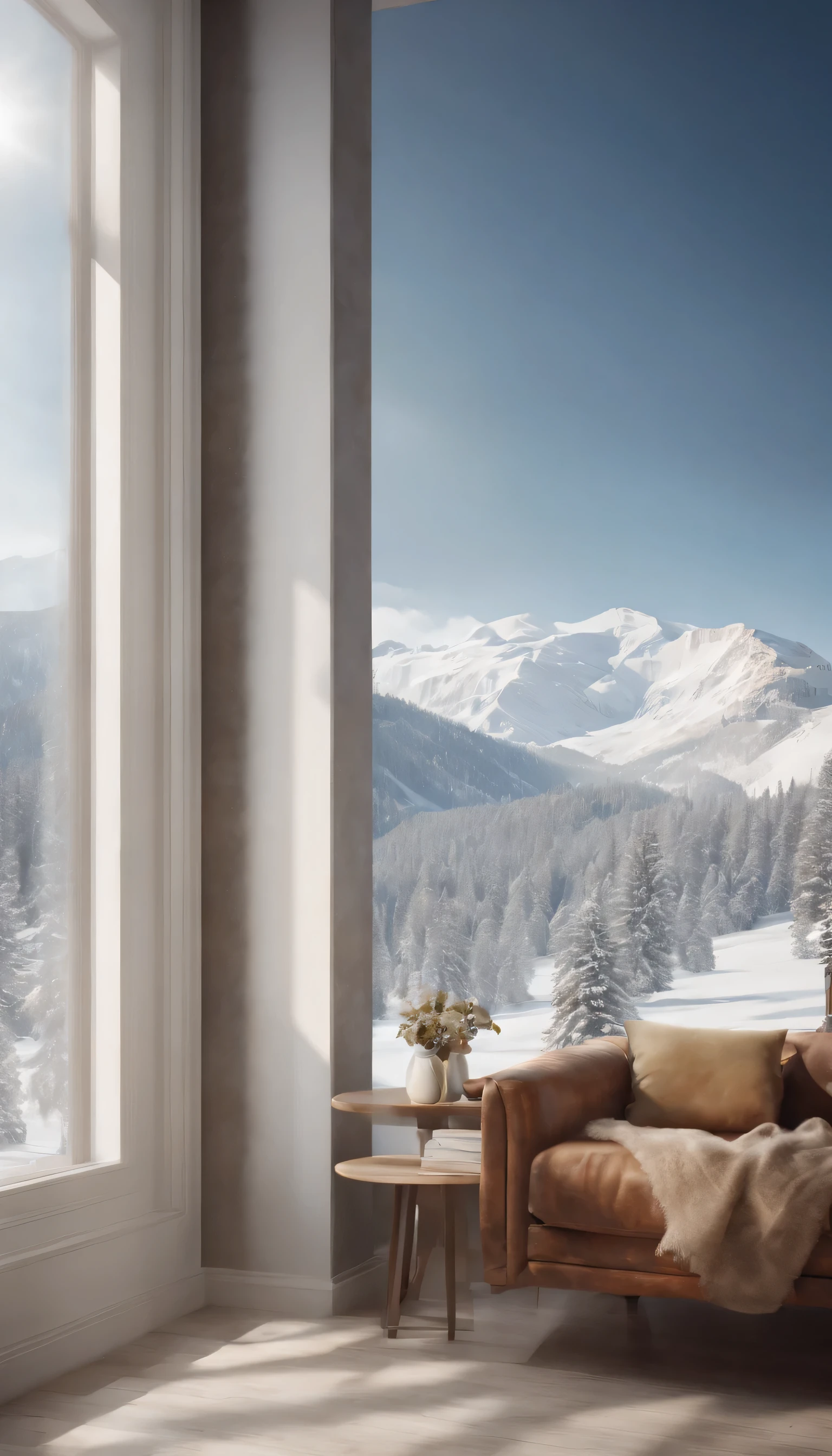 (Highly detailed CG Unity 8K wallpaper、masterpiece、highest quality、Super detailed)、(best lighting、best shadow、very delicate and beautiful)、highest quality、8K、Detailed facial depiction、masterpiece、highest quality、clear image quality、Photo of snowy scenery seen from the window