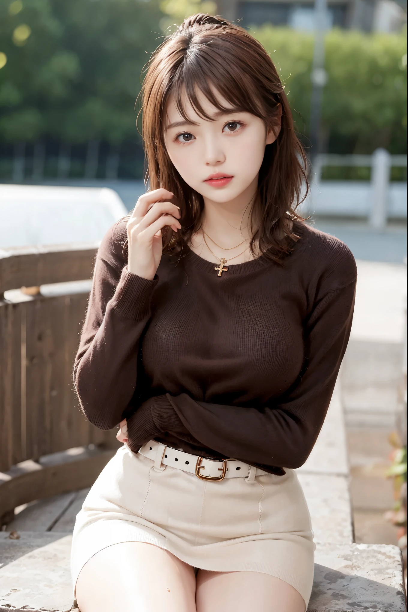  body、Full body Esbian、Very small waist、Very large breasts:1.2、ponytail、plump thighs、Natural Skin、Ultra Fine Face、Perfect hands、extra thin hands,  Optimal ratio、Ultra-realistic, ((Very tight cashmere high neck sweater、Tight mini skirt、belt))、 8k, Pieces fly, Super Detail, high quality, 最high quality, High resolution、Very red cheeks、Oily skin、Cross Necklace、Panty shot、Very wet body