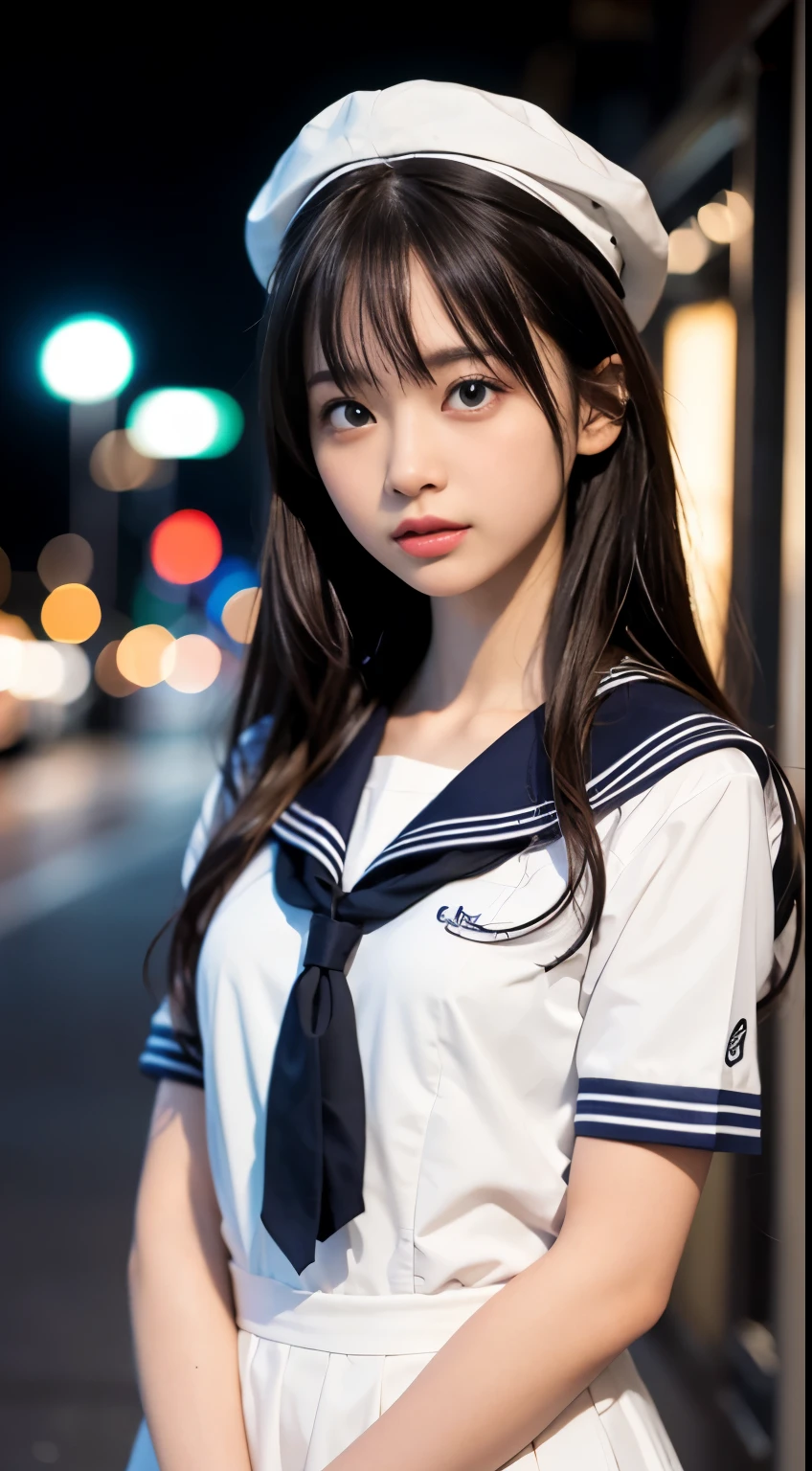(masterpiece, highest quality:1.2), 8K, official art, RAW photo, incredibly absurd, (Upper body, sailor suit, serafuku:1.4), beautiful girl, cute face, arch back, (navy pleated skirt:1.1), close, school uniform, short sleeve, gardenia, violaces, Ten generations, street, looking at the viewer, no makeup, film grain, chromatic aberration, sharp focus, face light, dynamic lighting, cinematic lighting, detailed eyes and face, background bokeh