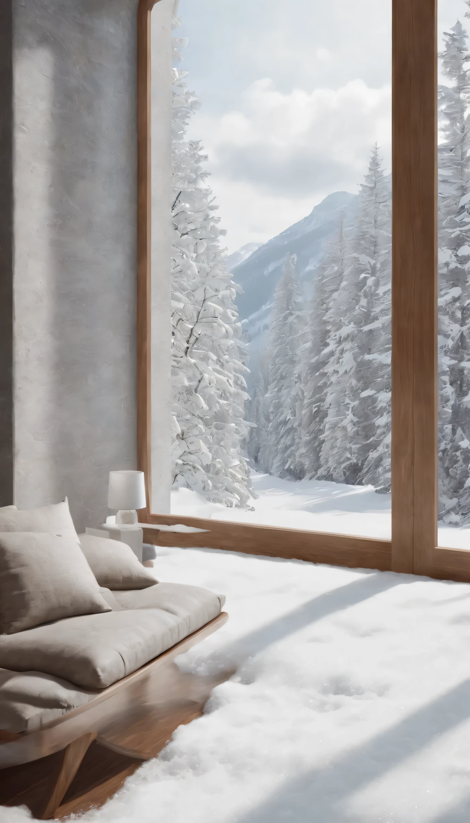 (Highly detailed CG Unity 8K wallpaper、masterpiece、highest quality、Super detailed)、(best lighting、best shadow、very delicate and beautiful)、highest quality、8K、Detailed facial depiction、masterpiece、highest quality、clear image quality、Photo of snowy scenery seen from the window