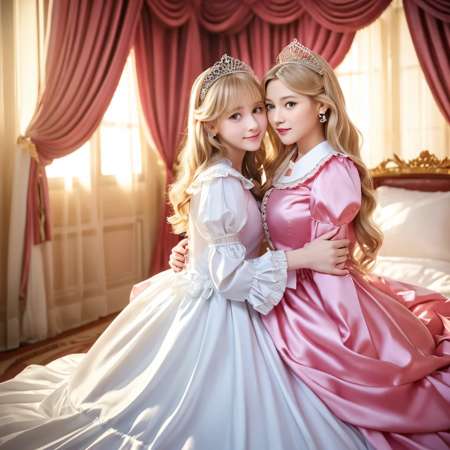 ,highest quality, masterpiece, highest resolution, artwork, super それにget used to it, many get used to it, get used to it, それにget used to it, 3K realistic photos,,(( At the )),Super detailed baby face princess,Full length ball gown dress with hoop skirt,ruffled yoke collar,puff sleeves,long sleeve,((Lolita style hot pink detailed princess satin dress、Comes with lots of frills and ribbons。)),Colorful fashion in rococo style,shiny satin dress,Soft and smooth fabric,luxury,long blonde hair,blue eyes,white skin european,pajamas,((inside the palace)),,,(( At the age of 10)),Super baby face,Full length ball s with hoop skirt,ruffled yoke collar,puff sleeves,腰まで伸びるlong blonde hair,blue eyes,white skin european,pajamas,((inside the palace bedroom)),ピンクのシルクサテンのluxuryなcanopy bedの上,canopy bed,luxurious curtains under the canopy,many frilly pillows on the bed,Two people are hugging each other,Two people love each other,super detailed background,Detailed bed,romantic atmosphere,