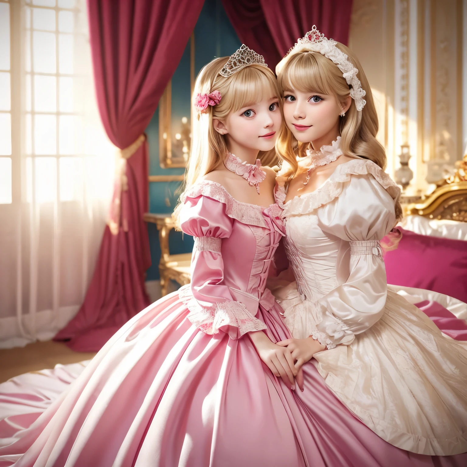 ,highest quality, masterpiece, highest resolution, artwork, super それにget used to it, many get used to it, get used to it, それにget used to it, 3K realistic photos,,(( At the age of 10)),Super detailed baby face,She is a princess,Full length ball gown dress with hoop skirt,ruffled yoke collar,puff sleeves,long sleeve,((Lolita style hot pink detailed princess satin dress、Comes with lots of frills and ribbons。)),Colorful fashion in rococo style,shiny satin dress,Soft and smooth fabric,luxury,long blonde hair,blue eyes,white skin european,pajamas,((inside the palace)),,,(( At the age of 10)),Super detailed baby face,Full length ball gown dress with hoop skirt,ruffled yoke collar,puff sleeves,腰まで伸びるlong blonde hair,blue eyes,white skin european,pajamas,((inside the palace bedroom)),ピンクのシルクサテンのluxuryなcanopy bedの上,canopy bed,luxurious curtains under the canopy,many frilly pillows on the bed,super detailed background,Detailed bed,romantic atmosphere,
