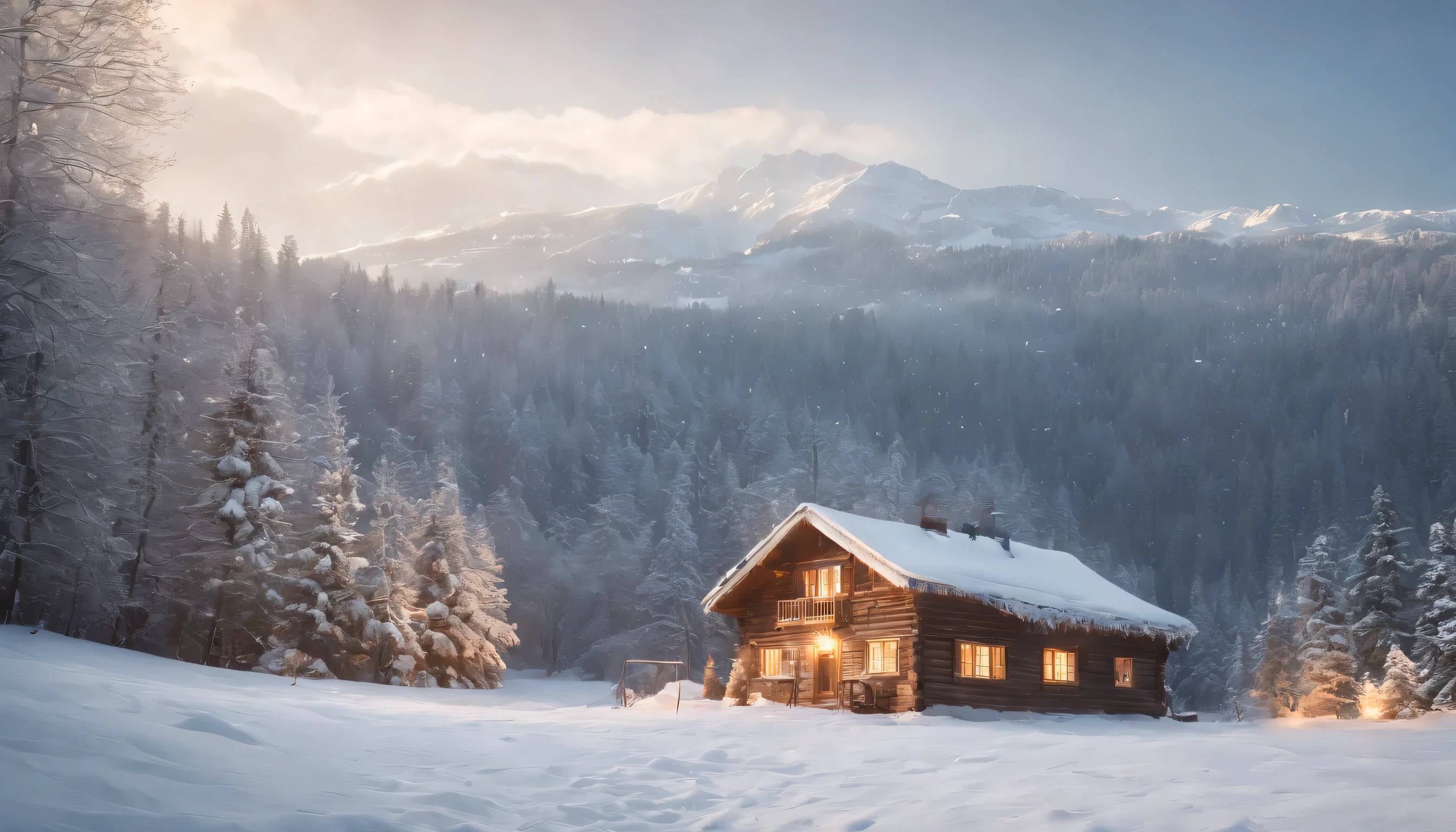 (Highly detailed CG Unity 8K wallpaper、masterpiece、highest quality、Super detailed)、(best lighting、best shadow、very delicate and beautiful)、highest quality、8K、Detailed facial depiction、masterpiece、highest quality、clear image quality、Photo of snowy scenery seen from the window