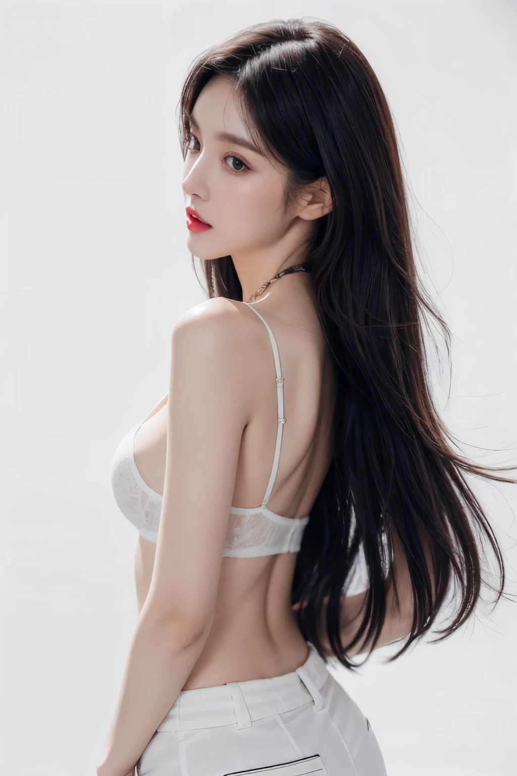 8K,A slender woman, red glossy lips,(Extremely detailed beautiful face)), (best quality), (Super detailed), (Extremely detailed CG unified 8k wallpaper),original photo, (standing), (White background) ,(cleavage),(average light source),shorts,black hair,long hair,(small breasts),wear(Sexy black clothes)