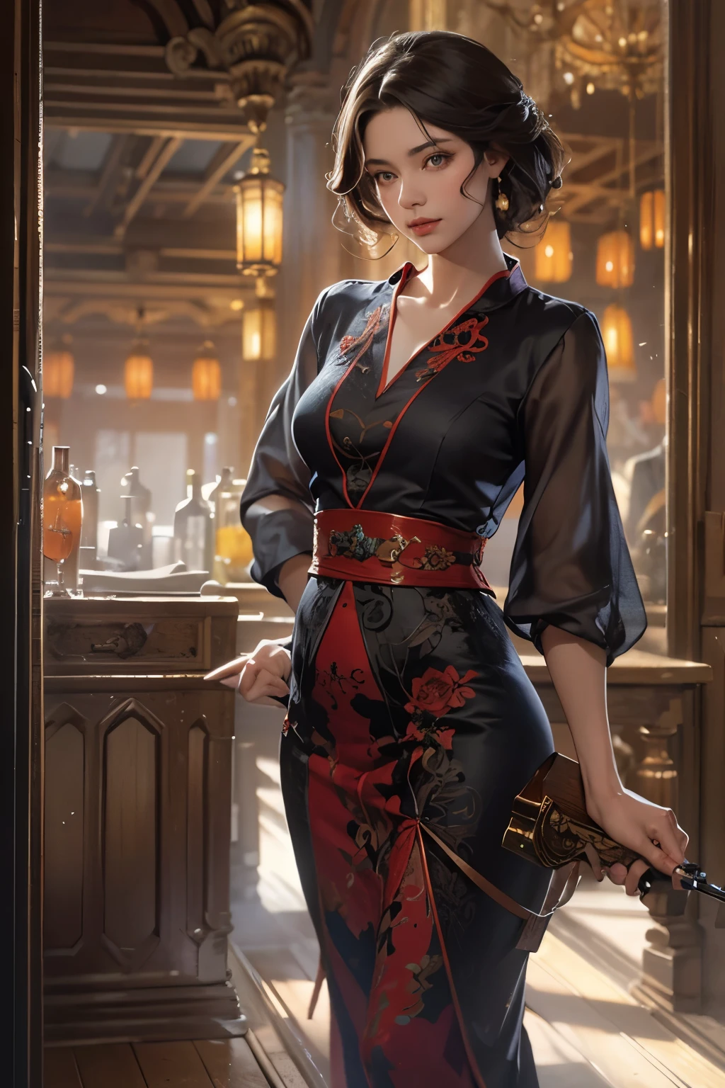 A beautiful woman wearing a purple cheongsam is standing in the room, Photorealistic painting by Cynthia Shepherd, cgsociety contest winner, fantasy art, Style Ivan Talavera and Artgerm, elegant cinematic pose, Charlie Bowater Rich Deep Colors, beautiful attractive anime woman, style of charlie bowater, surreal art nouveau style, stunning elegant pose, hyperrealistic fantasy art, highest quality, perfect angle, perfect composition, best shot, official art, cinematic light, figurative art, Beautiful and expressive paintings, Beautiful artwork illustration, wonderful, cool beauty, clear, Mysterious, highest quality, official art, perfect composition,perfect angle, best shot, women only, sharp outline, In the middle of a conspiracy, The face behind the scenes, dark government official, dark mission, first class agent, government agent, Top big-name spy, A talented female spy, beautiful female spy, extremely detailed and beautiful eyes, Beautiful eyes with slit length, quite beautiful face, A talented secret agent, sabotage specialist, Spy X21, carry a concealed gun and knife, Eyes without pupils, color eye, ideal anima,　melancholy, nostalgia, romantic, 1930s, Hongkong, beautiful cityscape, sepia memories, unforgettable woman, Full body Esbian, hard boiled
