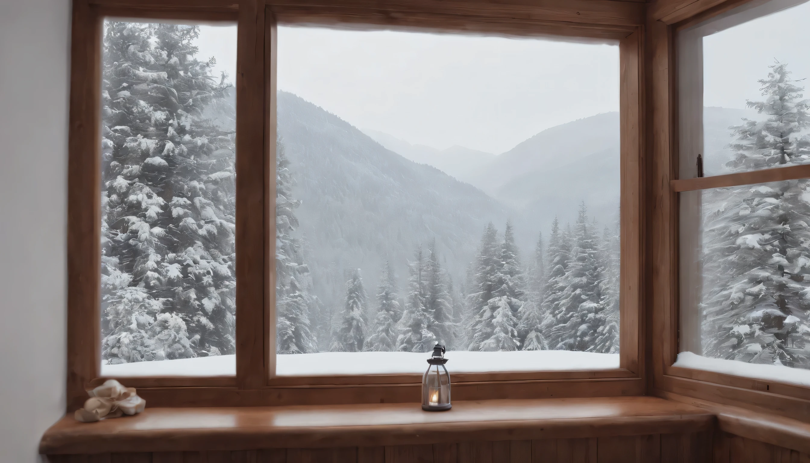 (Highly detailed CG Unity 8K wallpaper、masterpiece、highest quality、Super detailed)、(best lighting、best shadow、very delicate and beautiful)、highest quality、8K、Detailed facial depiction、masterpiece、highest quality、clear image quality、Photo of snowy scenery seen from the window
