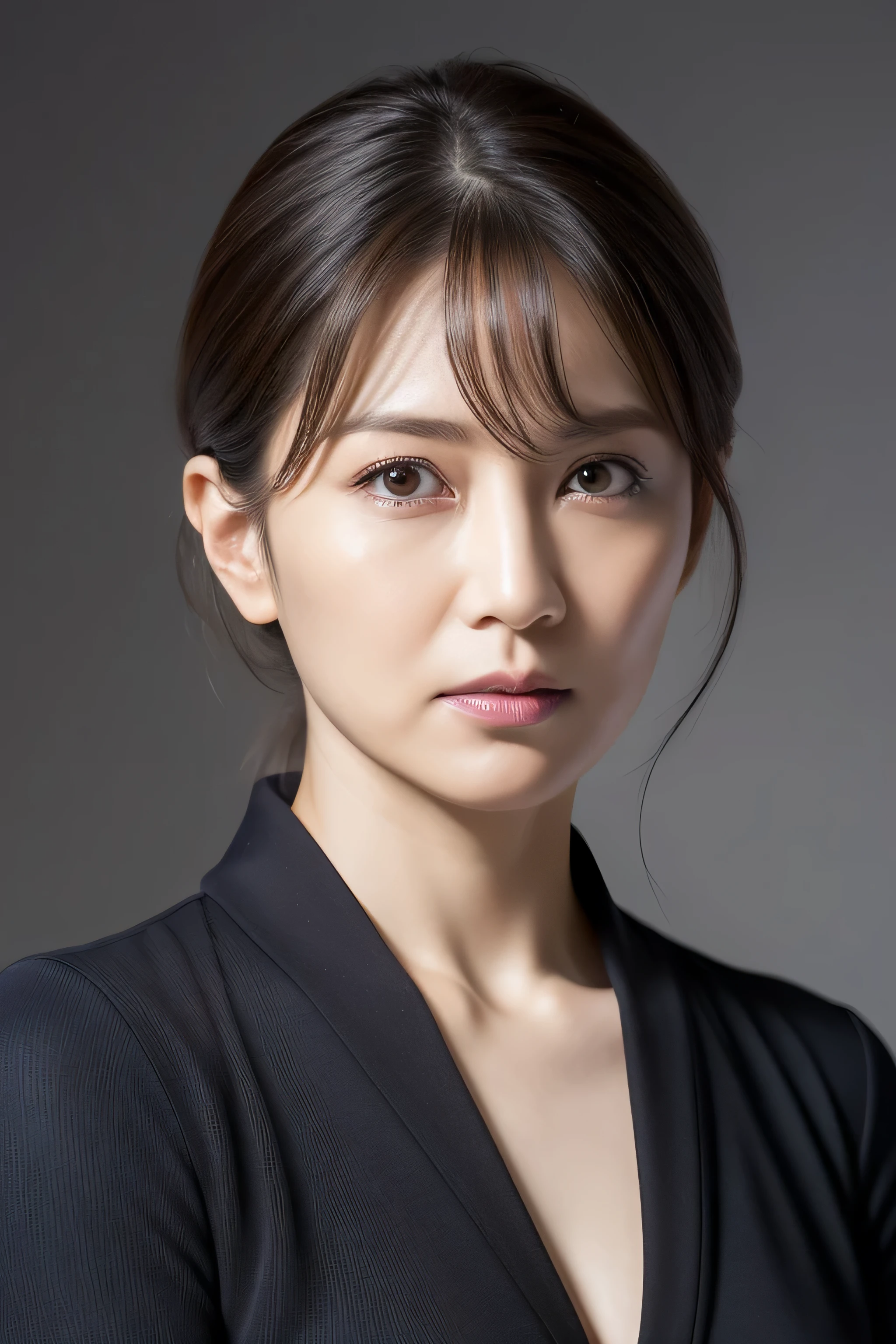 ultra high resolution, masterpiece, rough skin, very detailed, Photoreal, professional lighting, written boundary depth, sharp, gray background, (japanese mature, 40 years old), women sexy, detailed face, beautiful eyes, bangs, well-shaped small breasts, light brown straight hair, faint lips, ((stand in front、look at the audience, serious face eyes.)), theta, skirt, full body photo, cowboy shot