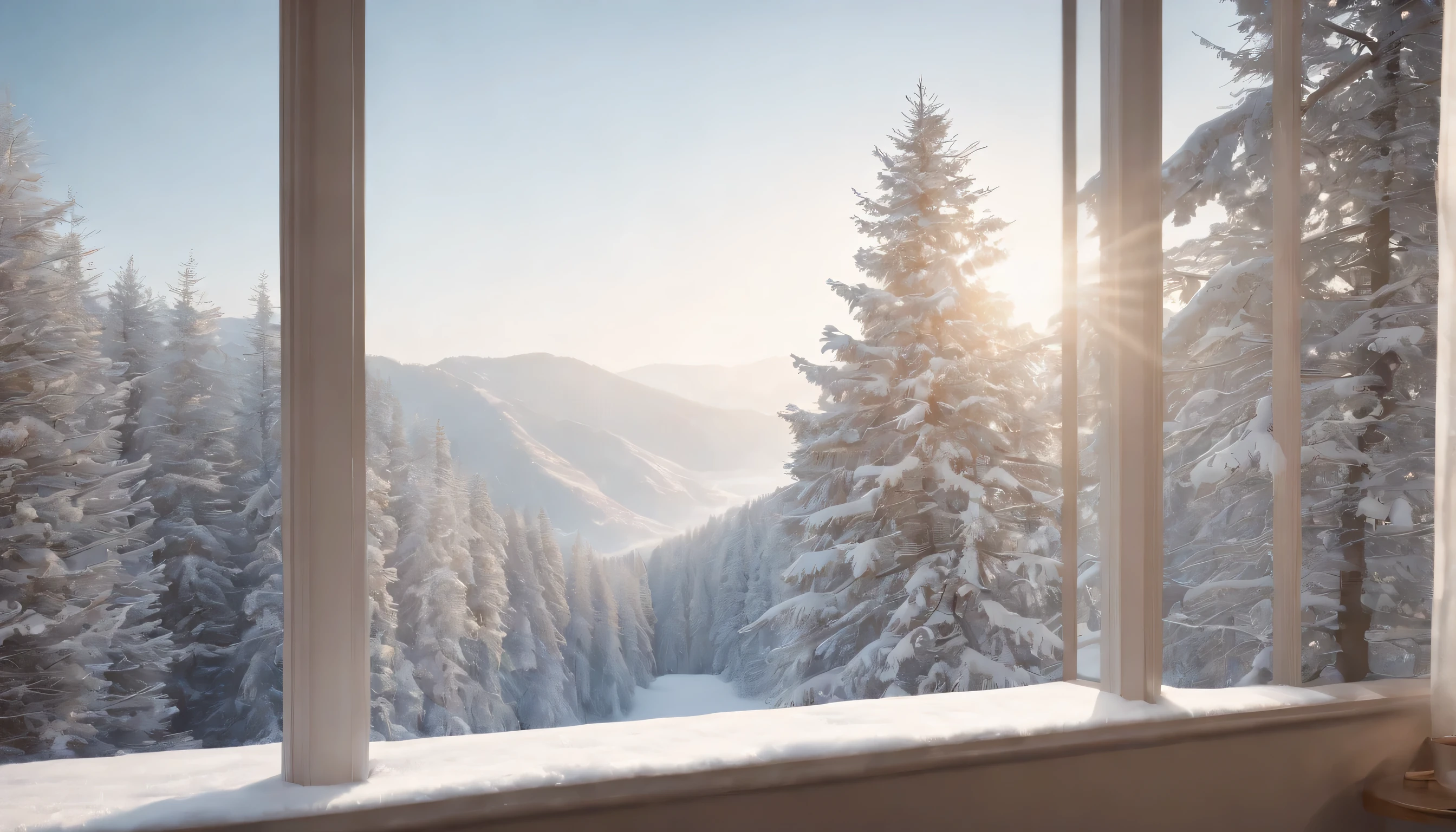(Highly detailed CG Unity 8K wallpaper、masterpiece、highest quality、Super detailed)、(best lighting、best shadow、very delicate and beautiful)、highest quality、8K、Detailed facial depiction、masterpiece、highest quality、clear image quality、Photo of snowy scenery seen from the window