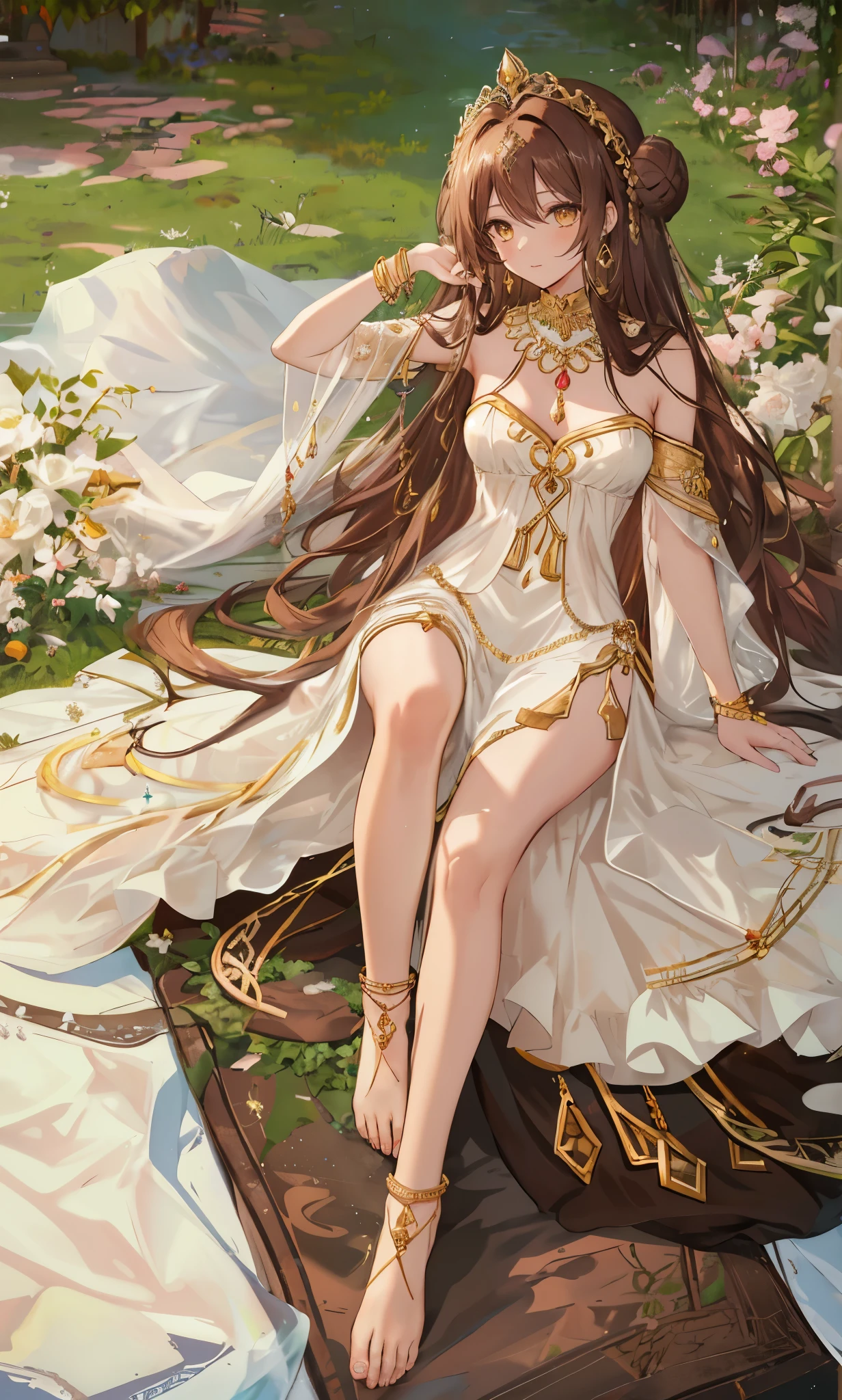 Long chocolate-colored hair,close up,dream world, Lord,long chocolate hair,Messy hair,golden eyes,civilization,sky garden background,grace,Bun and tiara,A wide range of jewelry,(Precious Middle Eastern style long dress),necklace,Her skin is very white, fair complexion,(White long dress,Exotic),barefoot,Gemstone anklets