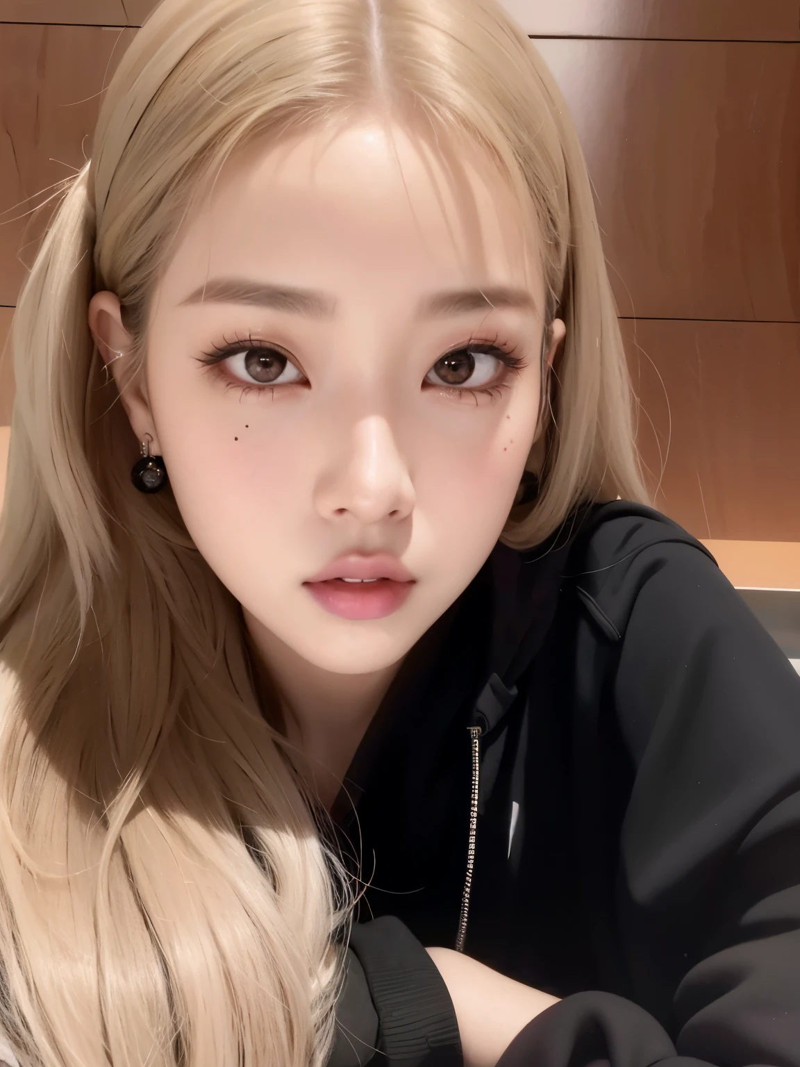 un primer plano de una mujer con cabello largo y rubio y una sudadera con capucha negra, Lalisa Manobal, Lalisa Manoban de Blackpink, parque roseanne de blackpink, jossi de blackpink, portrait of jossi de blackpink, pale korean adorable face, muchacha coreana, jennie rosa negro, sol yunjoo, ulzzang, jaeyeon nam