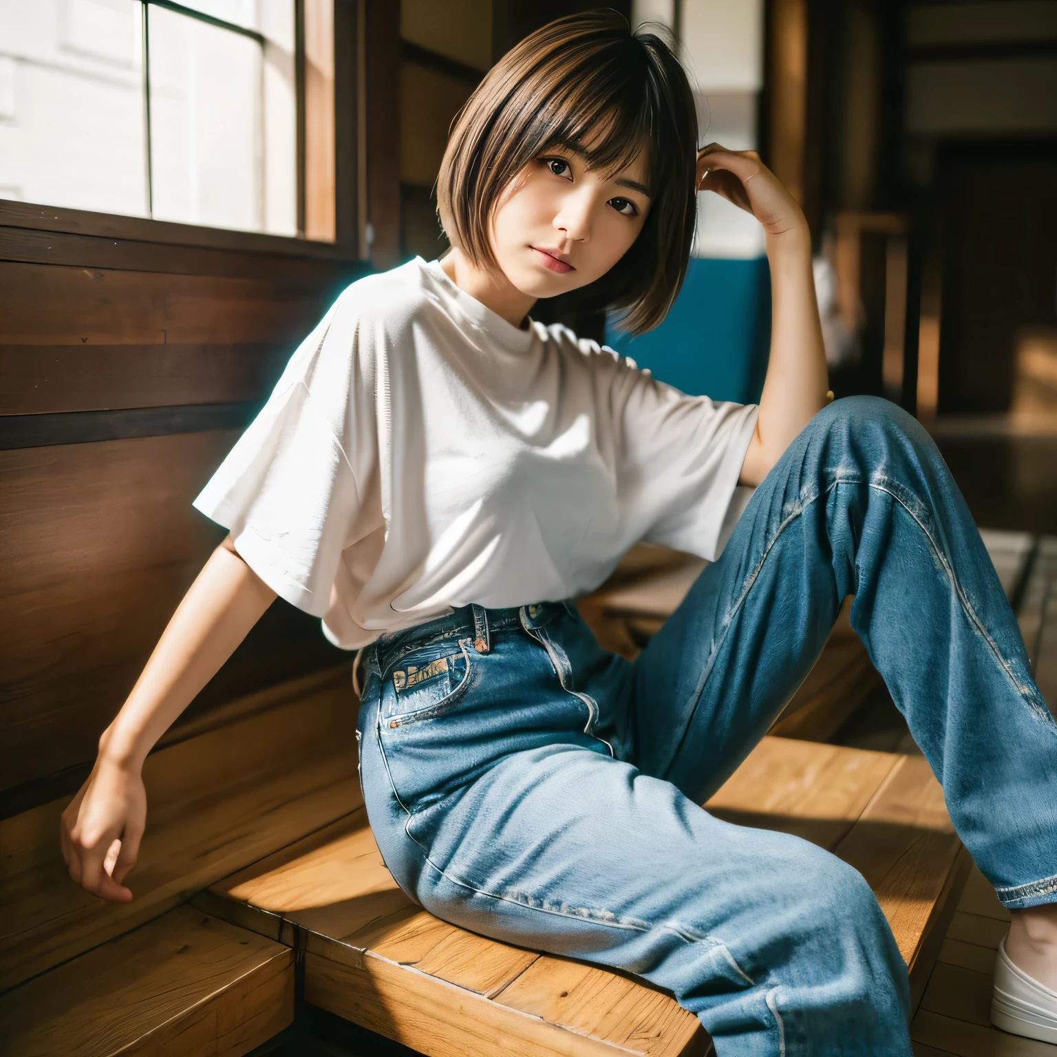 (highest quality, masterpiece, ultra high resolution:1.2), (photo-realistic:1.3), (RAW photo:1.3), 8K, 16k, 32K, 1 girl, ultra high resolution, professional artwork, Super detailed, Complex, detailed face, 1 girl, (japanese girl:1.3), (alone, whole body, wide shot, 18-year-old:1.3), short hair, Masculine fashion, Boyish look, boyish pose, boyish hairstyle, room, jeans, oversized gourmet