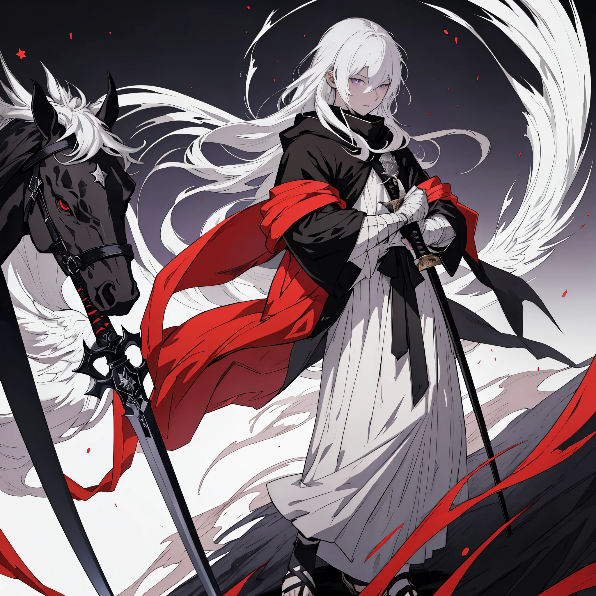 Anime artstyle, holding a black sword, wearing a stylish dark cloak, wrapped in bandages, no face, white hair, mysterious, full body, full stars black purple background, medieval, celestia, wallpaper, HD quality, extremely detailed, highest quality digital art