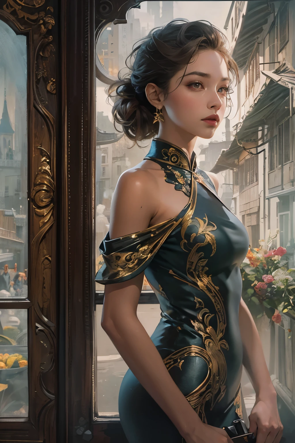 A beautiful woman wearing a purple Chinese dress stands quietly., Beautiful woman in her late 27s, Photorealistic painting by Cynthia Shepherd, cgsociety contest winner, fantasy art, Style Ivan Talavera and Artgerm, elegant cinematic pose, Charlie Bowater Rich Deep Colors, beautiful attractive anime woman, style of charlie bowater, surreal art nouveau style, stunning elegant pose, hyperrealistic fantasy art, highest quality, perfect angle, perfect composition, best shot, official art, cinematic light, figurative art, Beautiful and expressive paintings, Beautiful artwork illustration, wonderful, cool beauty, clear, Mysterious, highest quality, official art, perfect composition,perfect angle, best shot, women only, sharp outline, In the middle of a conspiracy, The face behind the scenes, dark government official, dark mission, first class agent, government agent, Top big-name spy, A talented female spy, beautiful female spy, extremely detailed and beautiful eyes, Beautiful eyes with slit length, quite beautiful face, A talented secret agent, sabotage specialist, Spy X21, carry a concealed gun and knife, Eyes without pupils, color eye, ideal anima,　melancholy, nostalgia, romantic, 1930s, Hongkong, beautiful cityscape, sepia memories, unforgettable woman, Full body Esbian, hard boiled