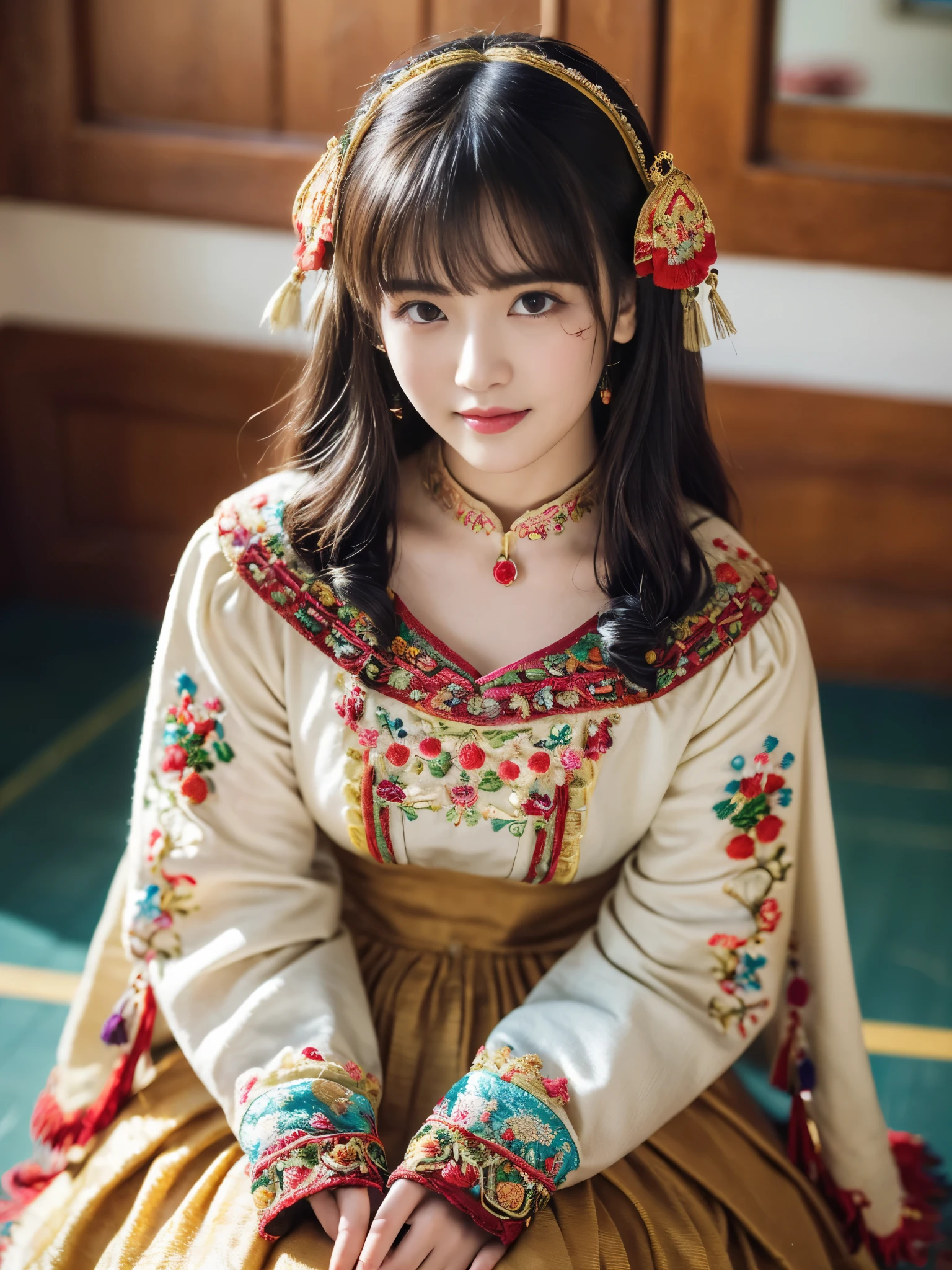 (grainy texture:1.3) ,(vintage color saturation:1.3) ,(soft focus:1.3) ,(edge blur:1.3) ,1 girl、(idol costume、detailed embroidery ornament:1.5)、shiny fabric、smile、happy、Ribbon hair ornament、choker、brown eyes、sitting on the floor、Angle from above、simple background、(dark background、The edges of the image are dark)、Old film photography、