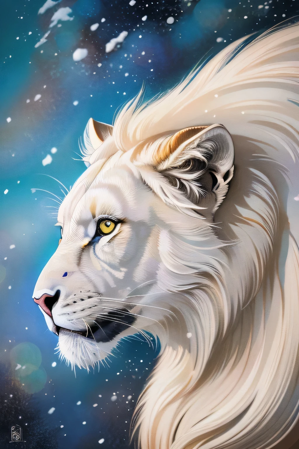 Japanese painting style,White lion,in the snow,See here,For a long time (masterpiece, highest quality, High resolution: 1.4), shed blood,