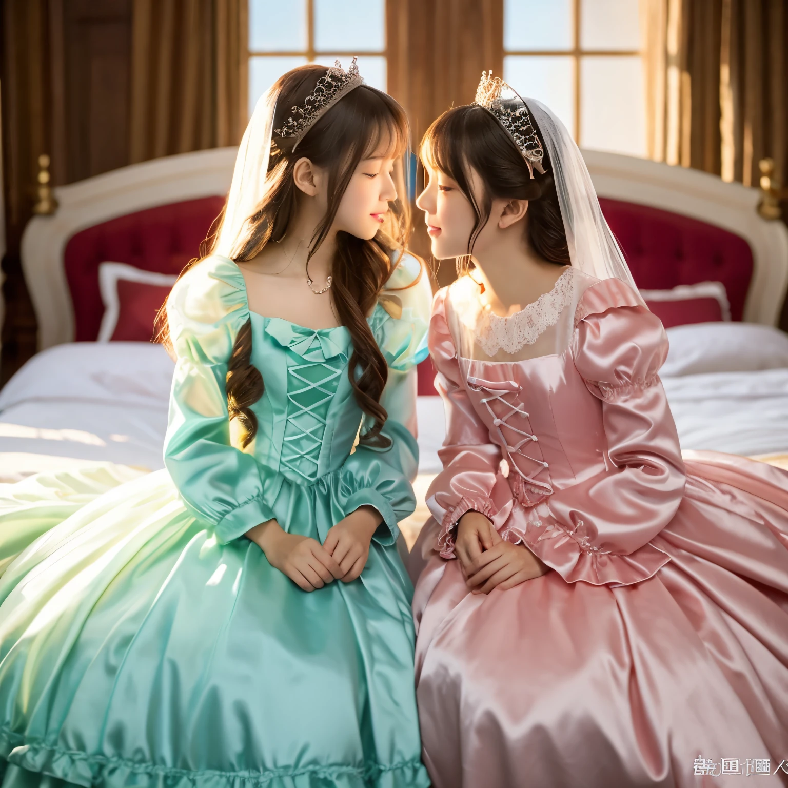 ,highest quality, masterpiece, highest resolution, artwork, super それにget used to it, many get used to it, get used to it, それにget used to it, 3K realistic photos,,(()),Super detailed baby face,she is a princessgth ball gown dress with hoop skirt,ruffle yoke collar,puff sleeves,long sleeve,((Lolita style hot pink detailed princess satin dress、Comes with lots of frills and ribbons。)),Loco's colorful fashion,shiny satin dress,Soft and smooth fabric,luxury,long blonde hair,blue eyes,white skin european,pajamas,((inside the palace)),,,(( at 10 years old)),Super detailed baby fgth ball gown dress with hoop fle yoke collar,puff sleeves,腰まで伸びるlong blonde hair,blue eyes,white skin european,pajamas,((inside the palace bedroom)),ピンクのシルクサテンのluxuryなCanopy bedの上に座っている,Canopy bed,luxurious curtains under the canopy,There are many frilly pillows on the bed,romantic atmosphere,