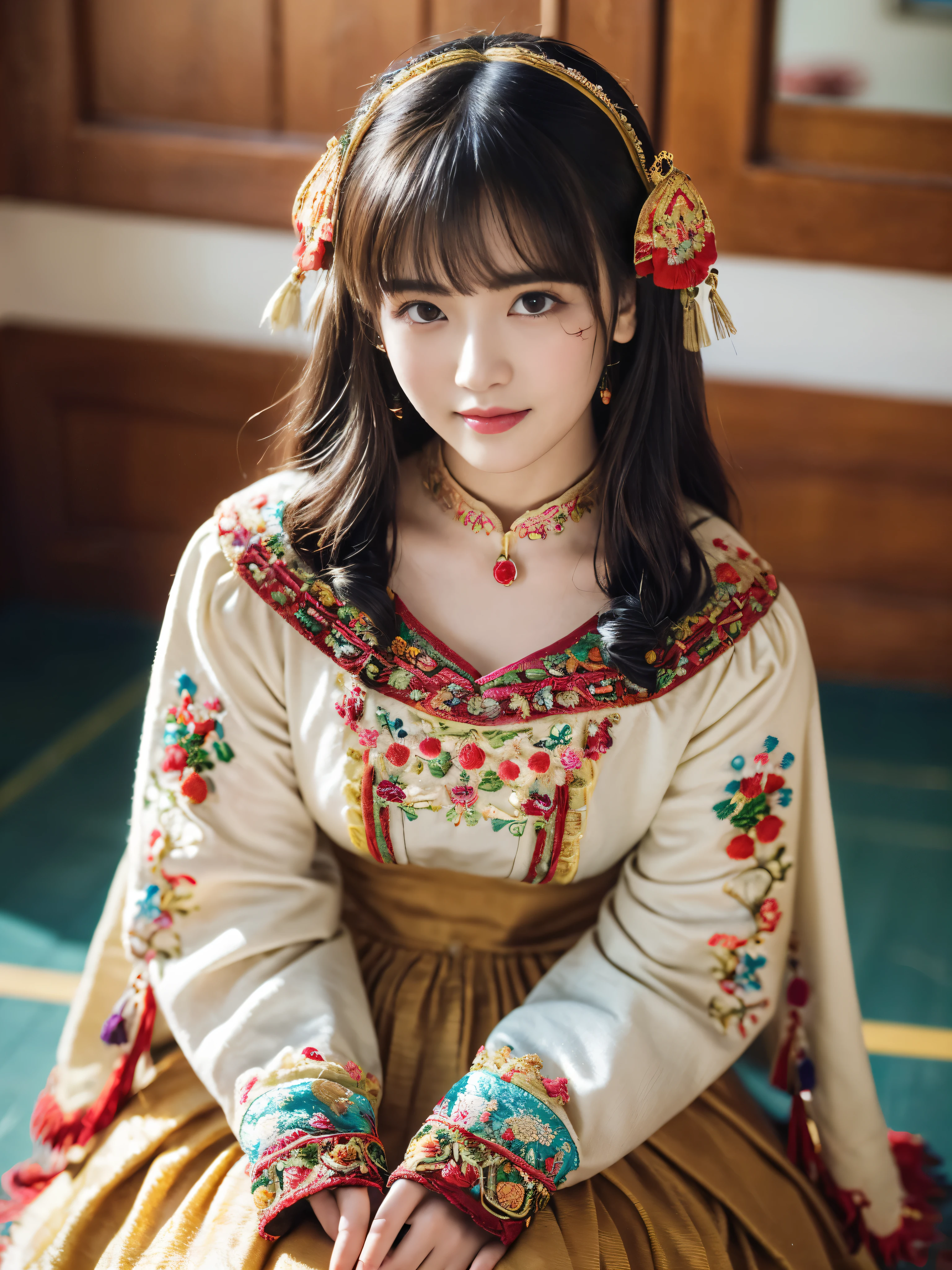 (Rough texture:1.3) ,(vintage color saturation:1.3) ,(soft focus:1.3) ,(edge blur:1.3) ,1 girl、(idol costume、fine embroidery decoration:1.5)、shiny fabric、smile、Happy、Ribbon hair ornament、choker、brown eyes、sitting on the floor、angle from above、simple background、(dark background、The edges of the image are dark)、Old film photography、