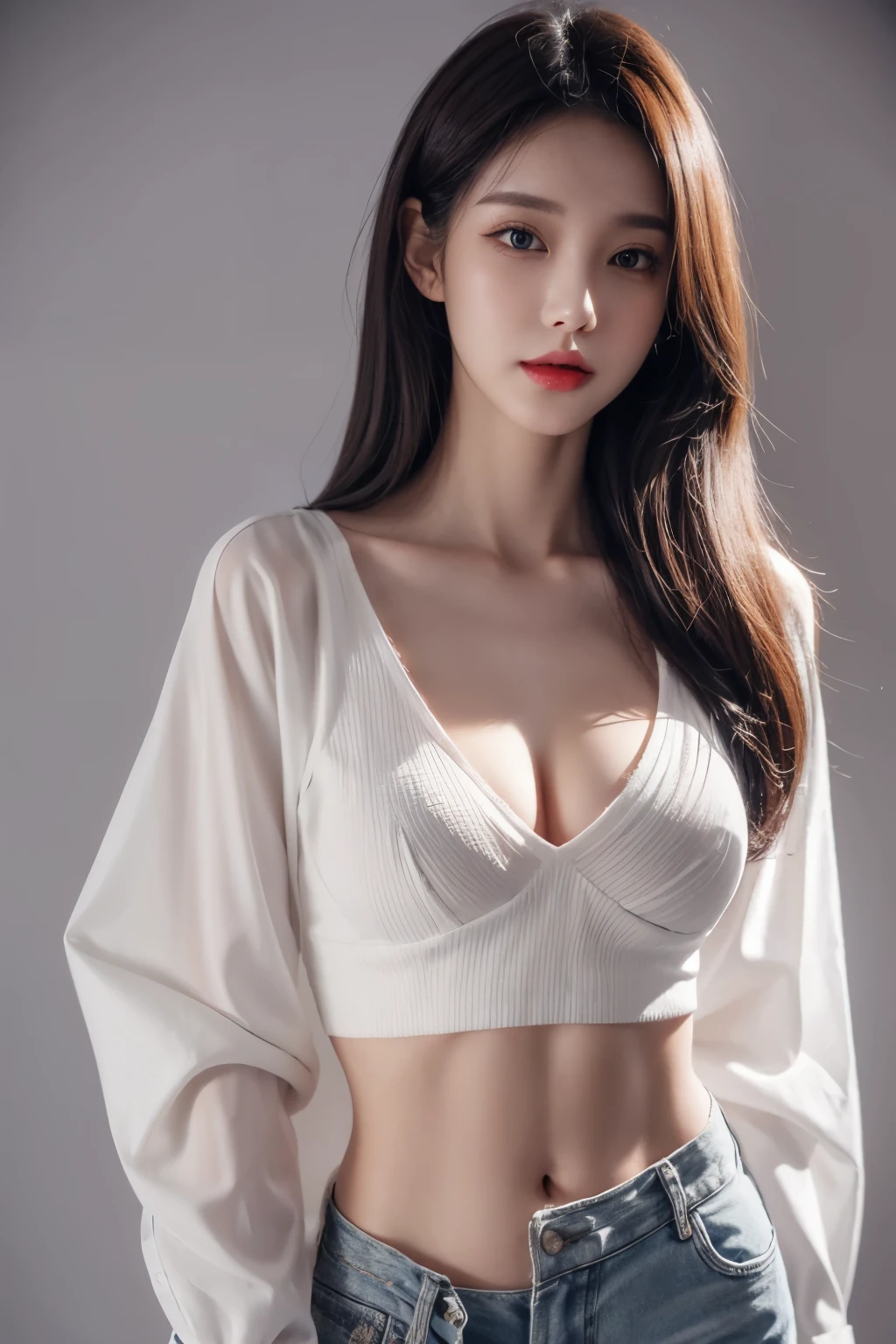 8K,A slender woman, red glossy lips,(Extremely detailed beautiful face)), (best quality), (Super detailed), (Extremely detailed CG unified 8k wallpaper),original photo, (standing), (White background) ,(cleavage),(average light source),shorts,black hair,long hair,(soft small breasts),wear(shirt),sexy pose