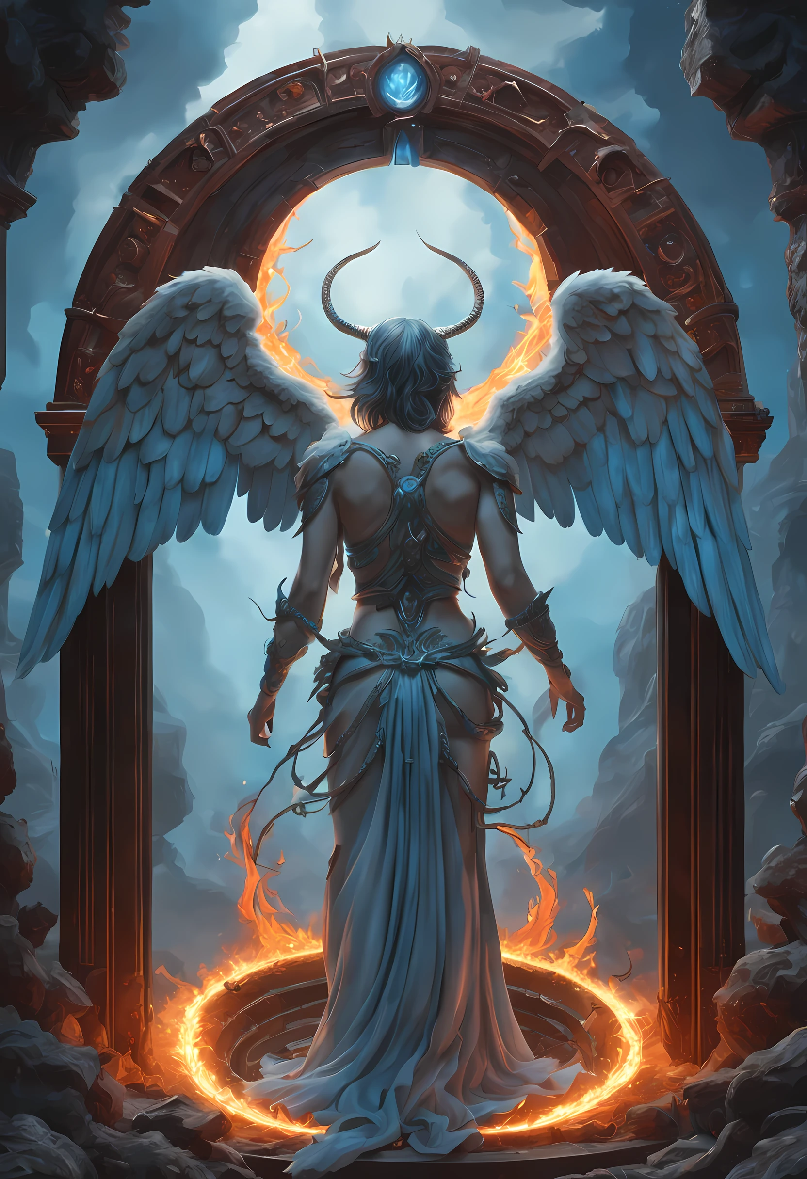 high details, best quality, 16k, [best detailed], masterpiece, best quality, (extremely detailed), a view from the rear of a beautiful angel looking through  a magical portal onto hell, the portal has magical pink magical wards  on it, she sees the fiery hell and rolling inferno faize , GlowingRunes_paleblue, GLOWING STYLE, feathered wings