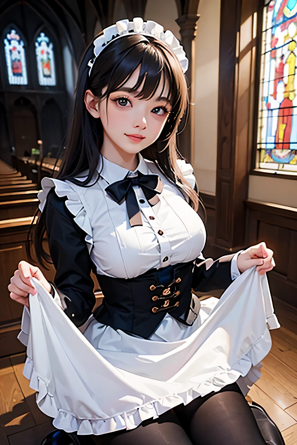 very cute and beautiful girl,(very detailed美しい顔と目:1.2),
(smile:1.2),blush,black hair,cowboy shot,looking at the viewer,kneel down,
(Floral brown ta dress with detailed ruffles),detailed lace,skirt lift,white panties,
altar,church,indoors,
(highest quality,masterpiece:1.2),disorganized,High resolution,super detailed,very detailed,32K,8K resolution,
intricate details,movie-like scene,detailed background,alone,dynamic angle,