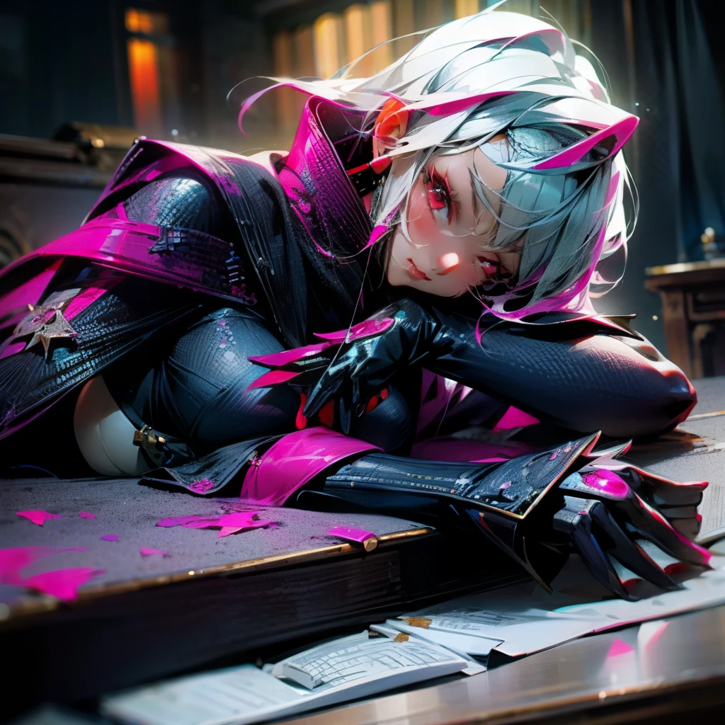 Be a pink-skinned girl, beautiful eyes (red eyes) As deep as the night sky, Half sad face lying on the table, white hair, looking at you, With anime/Semi-realistic art style  