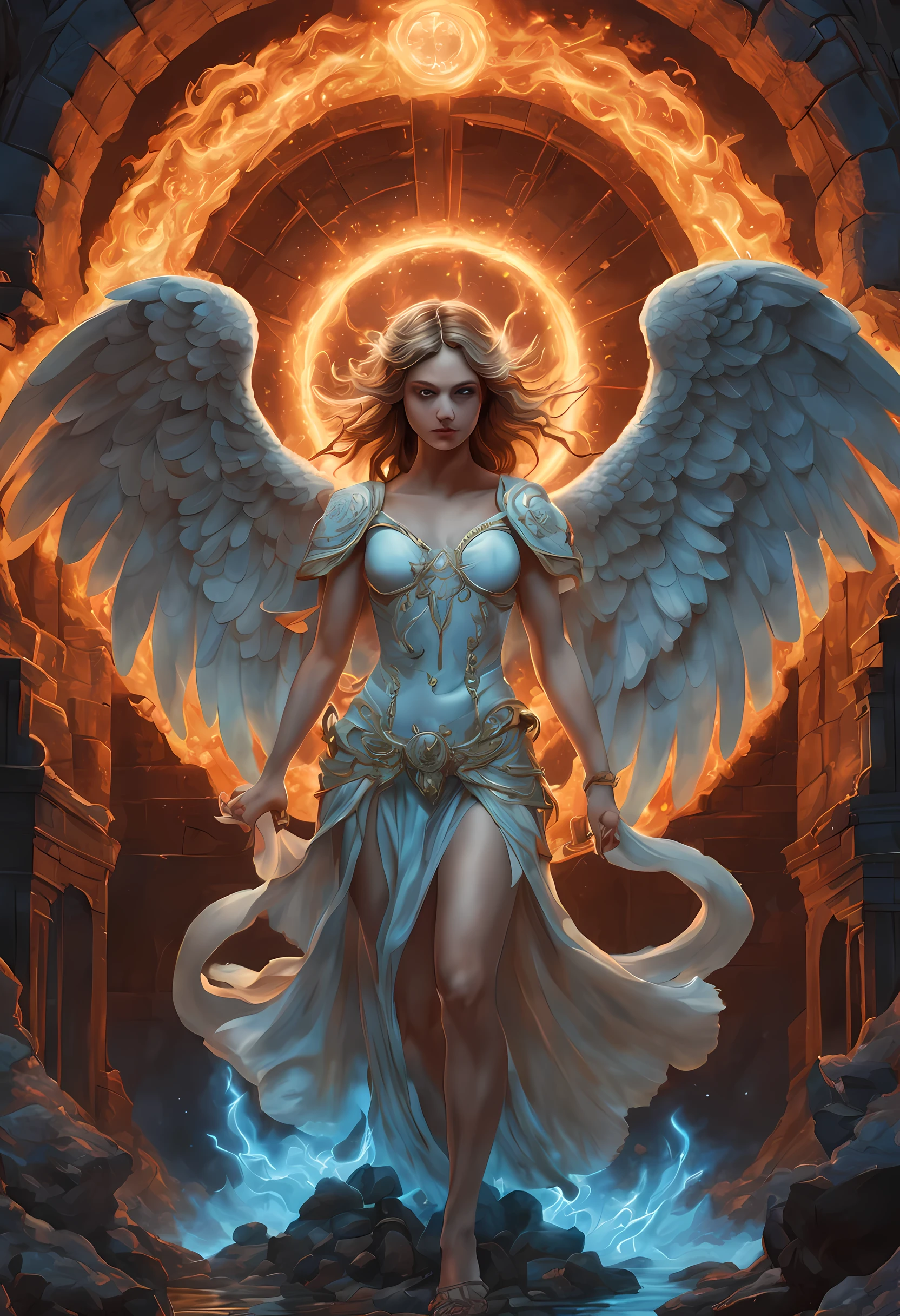 high details, best quality, 16k, [best detailed], masterpiece, best quality, (extremely detailed), a view from the rear an angel looking through  a magical portal onto hell, GlowingRunes_paleblue,