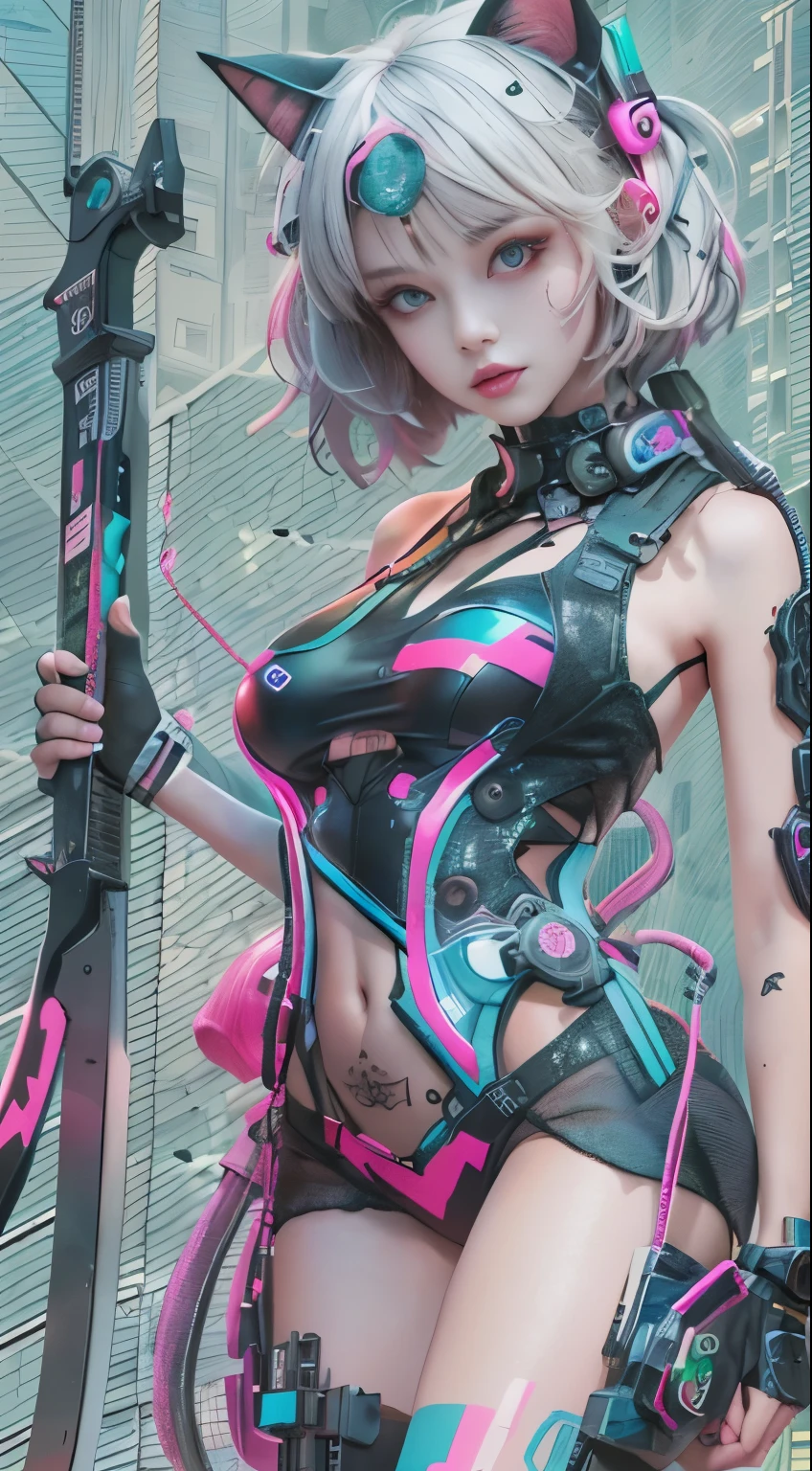 masterpiece, highest quality, Cyberpunk girls, Pop costumes inspired by Harajuku, Bold colors and patterns, eye-catching accessories, Trendy and innovative hairstyles, bright makeup, Cyberpunk dazzling cityscape, skyscraper, neon sign, led lights, Bright and vivid color scheme, anime, figure, fine skin texture, fine cloth texture, beautiful detailed face, intricate details, Super detailed.Has an elongated sword,Cat ear,wearing a ??????