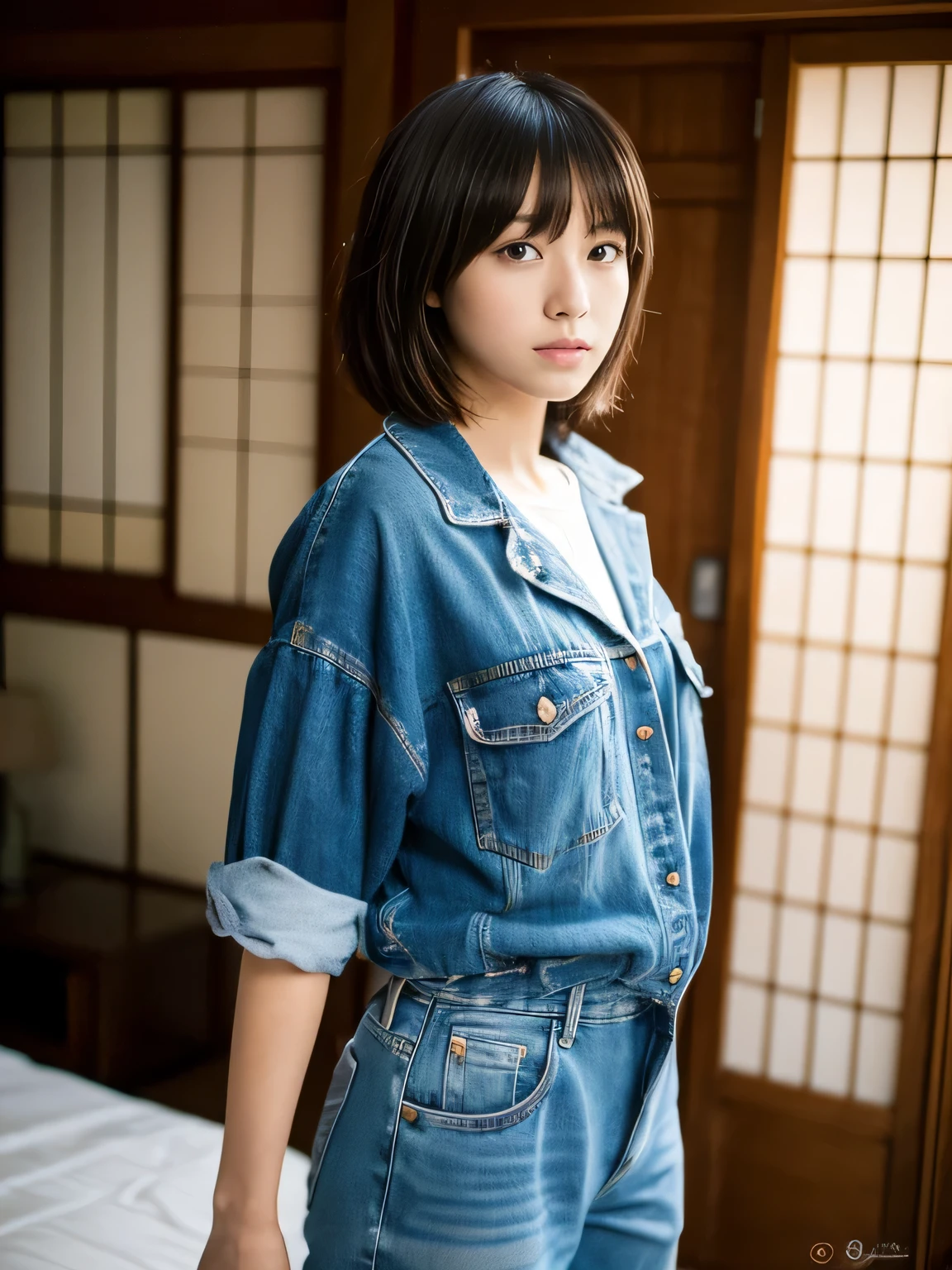 (highest quality, masterpiece, ultra high resolution:1.2), (realistic:1.3), (RAW photo:1.3), 8K, 16k, 32K, 1 girl, ultra high resolution, professional artwork, Super detailed, Complex, detailed face, 1 girl, (japanese girl:1.3), (alone, whole body, wide shot, 18-year-old:1.3), short hair, boyish pose, boyish hairstyle, room, jeans, oversized gourmet