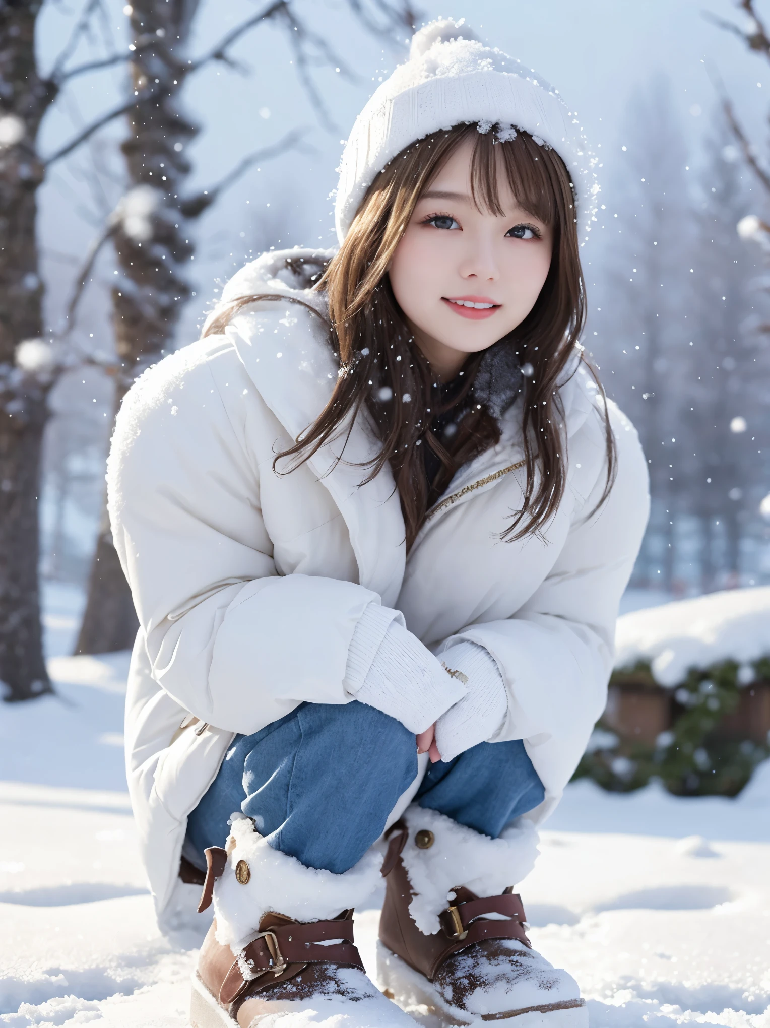 highest quality,4K,8K,High resolution,masterpiece:1.2,Super detailed,realistic,photorealistic:1.37,winter, snow, snowy landscape, beautiful girl in a down coat, fine eyes, detailed lips, long eyelashes, mini pleated skirt, snowy scene, soft lighting, cozy atmosphere, Moderately: Oil, fresh snow, winter wonderland, cool tone, delicate brushstrokes, snowy trees, frosty breath, calm expression, playful pose, beauty of nature, snowflakes, snow-covered ground, winter fashion, Stylish clothes, snow boots, rosy cheeks, wintertime joy, peaceful atmosphere, mysterious beauty, magical winter scene, winter fashionista, quirky charm