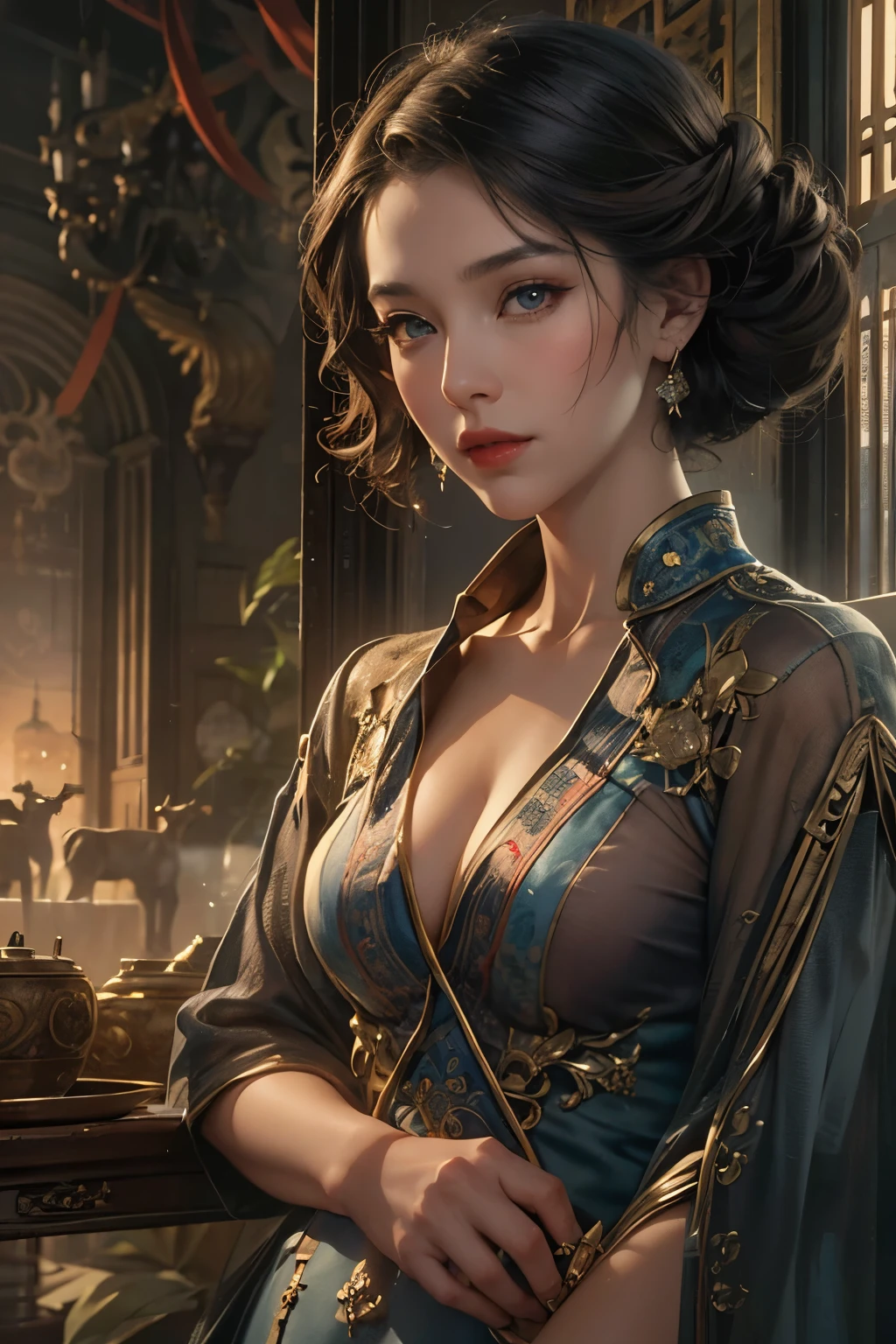 A beautiful woman wearing a purple cheongsam is standing in the room, Photorealistic painting by Cynthia Shepherd, cgsociety contest winner, fantasy art, Style Ivan Talavera and Artgerm, elegant cinematic pose, Charlie Bowater Rich Deep Colors, beautiful attractive anime woman, style of charlie bowater, surreal art nouveau style, stunning elegant pose, hyperrealistic fantasy art, highest quality, perfect angle, perfect composition, best shot, official art, cinematic light, figurative art, Beautiful and expressive paintings, Beautiful artwork illustration, wonderful, cool beauty, clear, Mysterious, highest quality, official art, perfect composition,perfect angle, best shot, women only, sharp outline, In the middle of a conspiracy, The face behind the scenes, dark government official, dark mission, first class agent, government agent, Top big-name spy, A talented female spy, beautiful female spy, extremely detailed and beautiful eyes, Beautiful eyes with slit length, quite beautiful face, A talented secret agent, sabotage specialist, Spy X21, carry a concealed gun and knife, Eyes without pupils, color eye, ideal anima,　melancholy, nostalgia, romantic, 1930s, Hongkong, beautiful cityscape, sepia memories, unforgettable woman, Full body Esbian, hard boiled