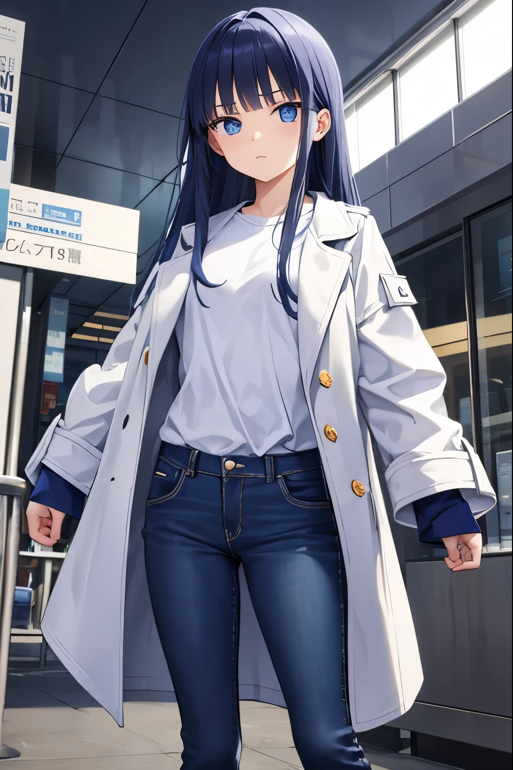 eye color is blue　long hair　1girl　16 years old　　very small breasts　long sleeve　jeans　coat